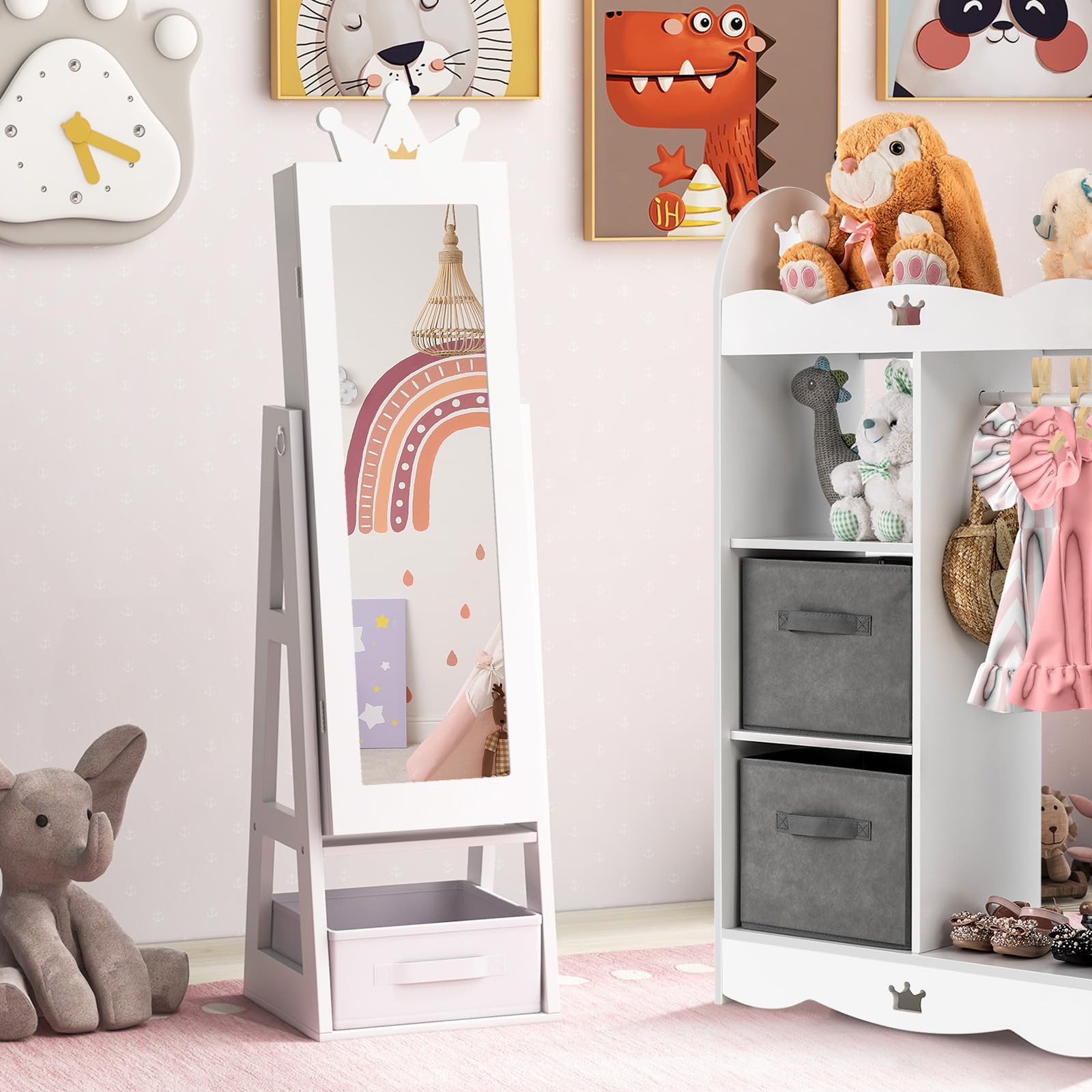 CHARMAID Kids Jewelry Cabinet - 45.5'' Standing Jewelry Armoire with Full Length Mirror, Storage Drawer and Back Shelf, Kids Jewelry Organizer Box Vanity Dressing Mirror for Girls (White)