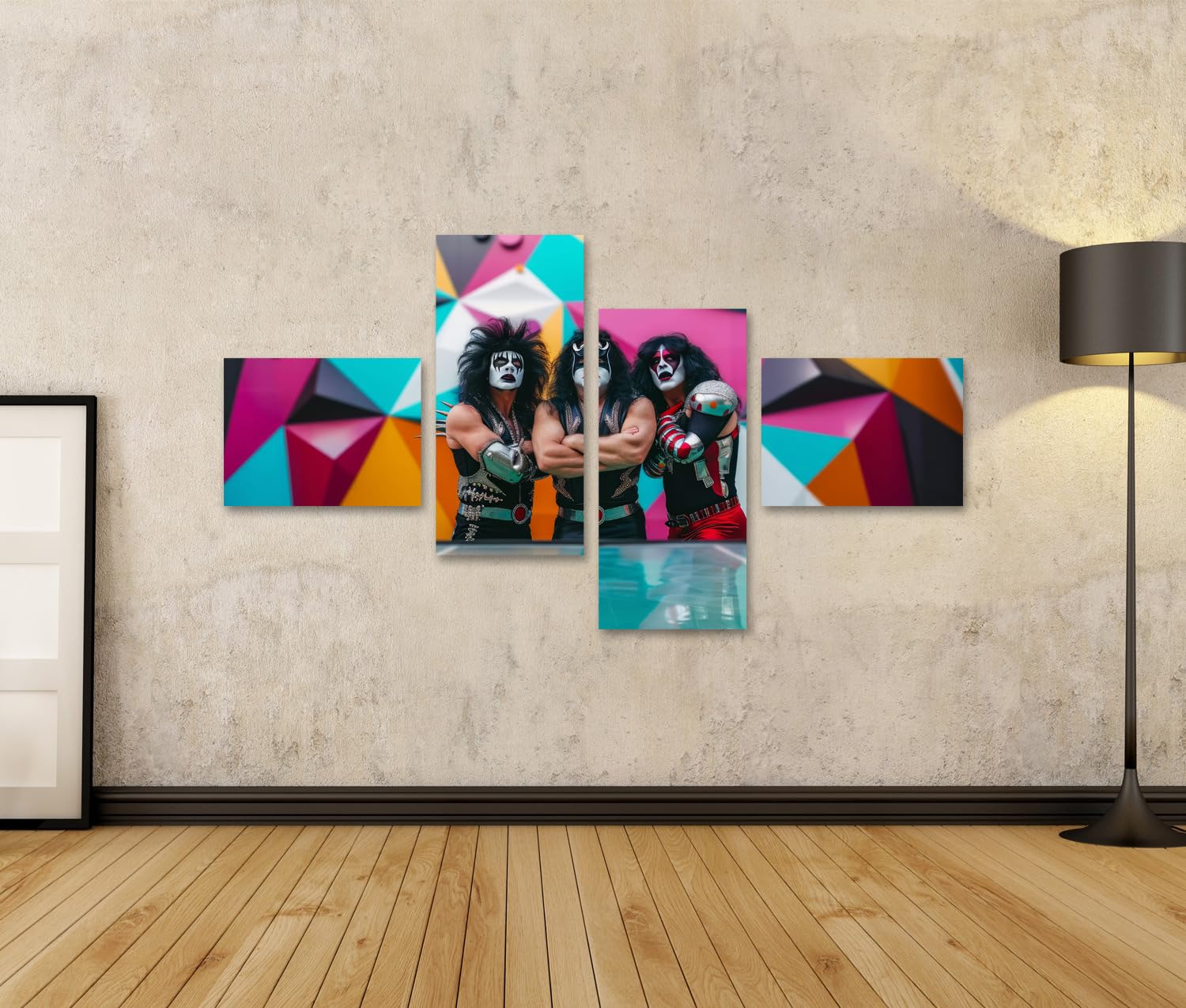 islandburner Prime Immagine su tela Costumi colorati e trucco rock band su sfondo geometrico per soggiorno amanti della musica negozio immagini murali poster