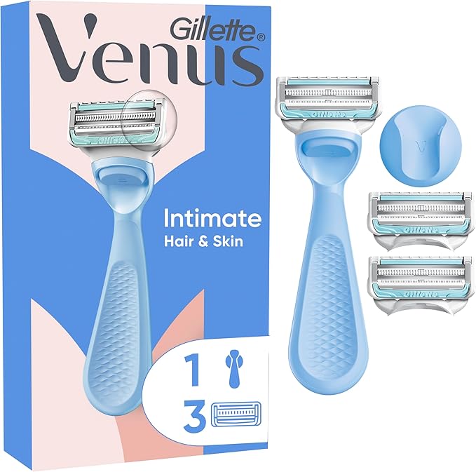 Gillette Venus Rasoio Donna Parti Intime per peli e pelle della zona Intima + 3 Lamette Donna di Ricambio, 1 Rasoio Parti Intime, 3 Lamette con Barra Anti-Irritazioni