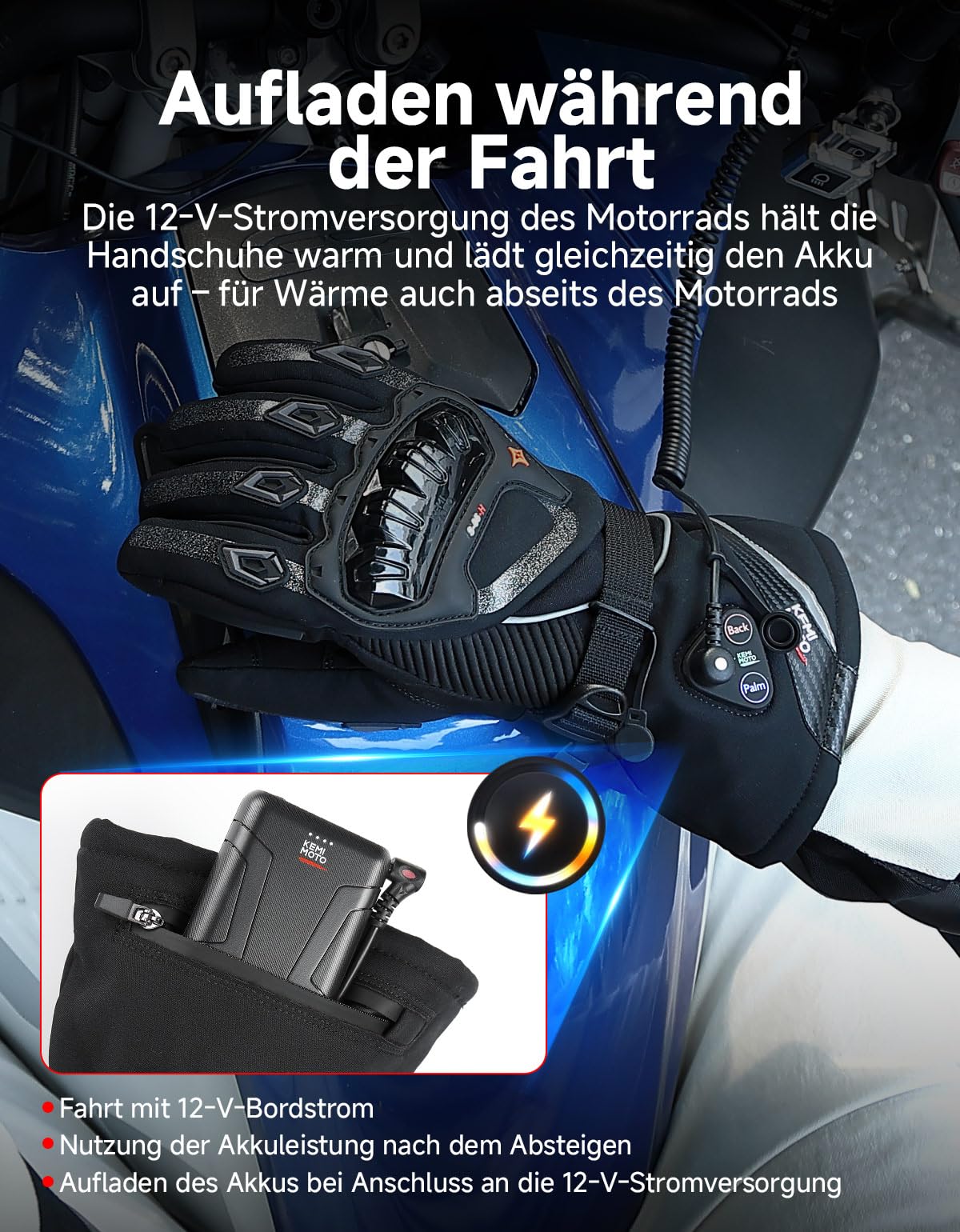 KEMIMOTO Beheizbare Motorradhandschuhe Winter, Beheizte Handschuhe Touchsreen, Magnetische Hybrid-Stromversorgung mit Magnet-Anschlusskabel, Elektrisch Thermohandschuhe für Motorradfahren, Skifahren