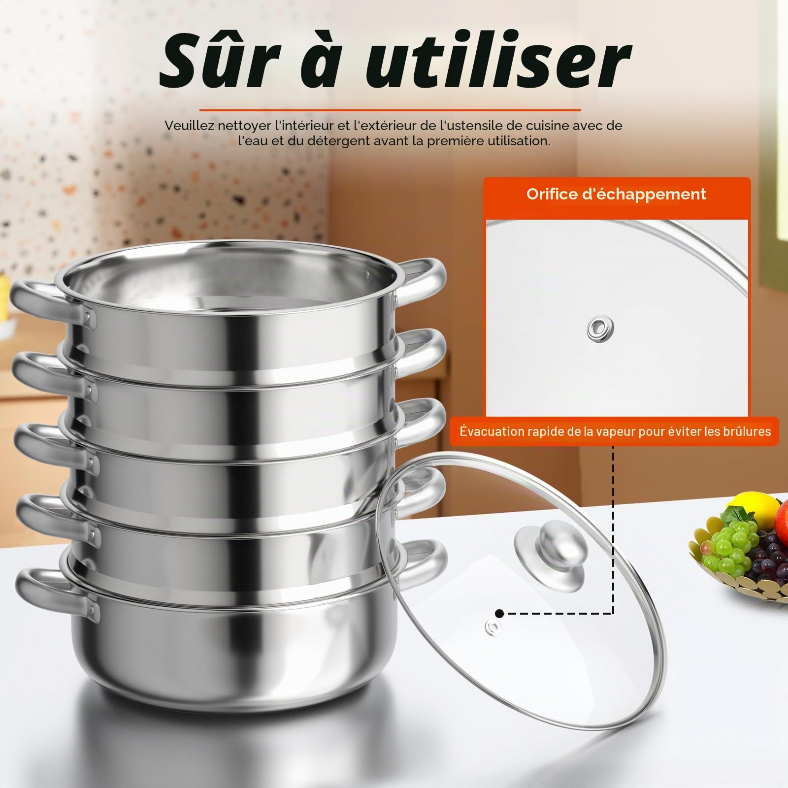 Cuiseur vapeur, 5 couches, 30 cm, multifonction, en acier inoxydable, avec couvercle en verre, vapeur en acier inoxydable, argenté, pour tous les types de cuisinières telles que l'induction, la