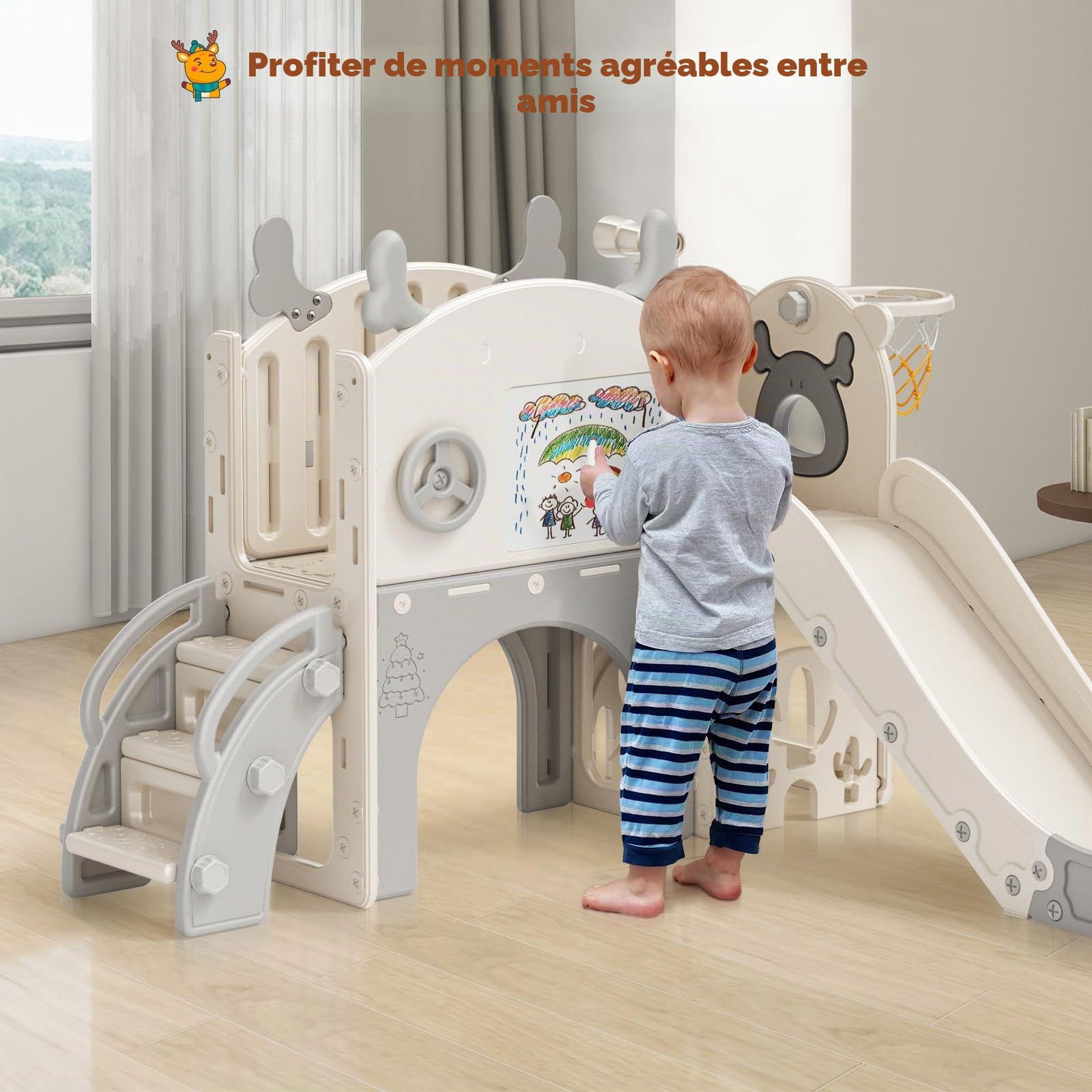 Toboggan pour Tout-Petits sur Le thème de l'élan de Noël de Krovtoy, Toboggan pour Tout-Petits Autonome avec Ensemble de Golf, pour Une Utilisation intérieure/extérieure (Beige Gris- 6 en 1)