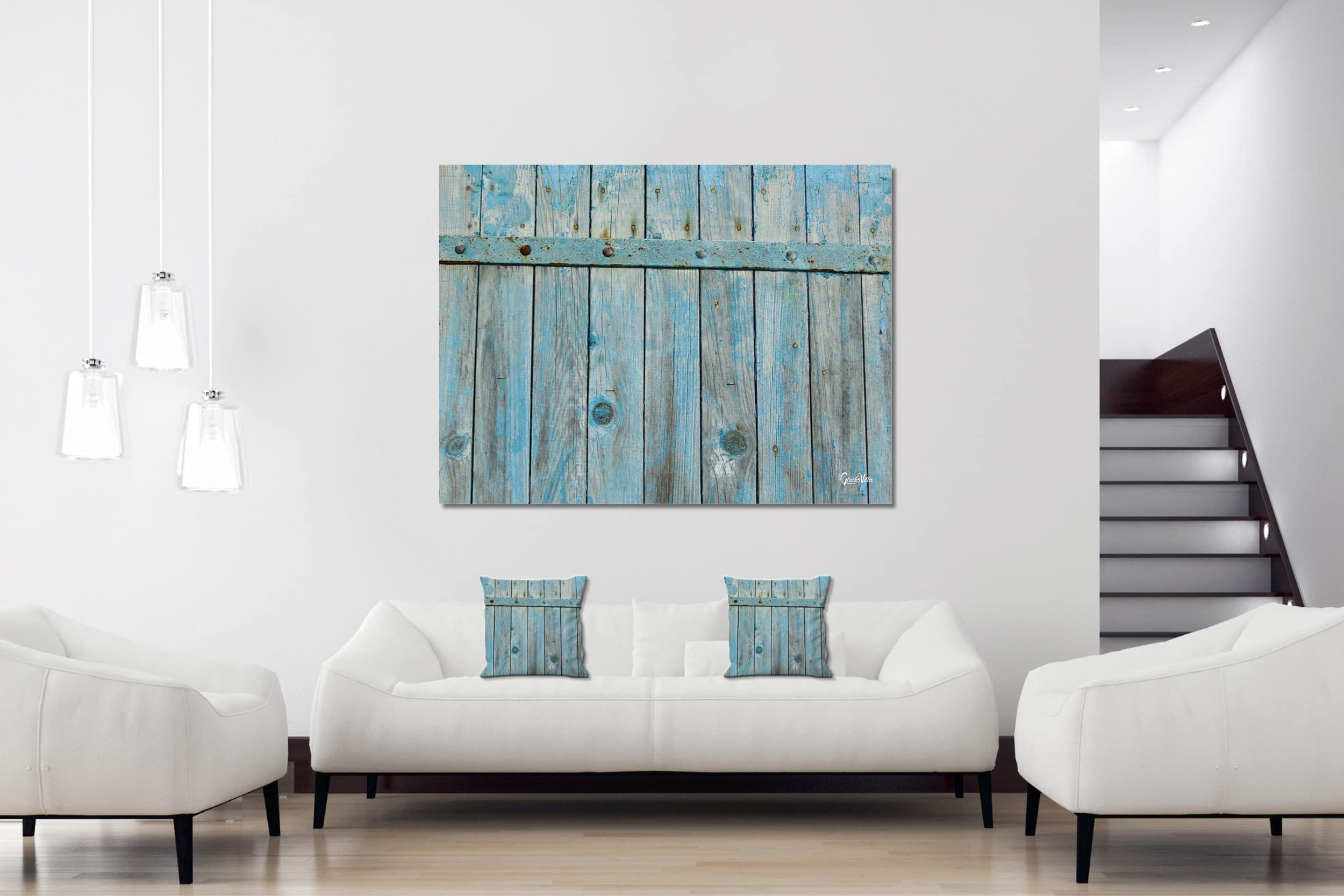 Hinter der Tür - Foto-Kissen-Hülle Set (2 STK.) 40 x 40 cm | Kissen-Bezüge - passend zu Wandbild - Deko-Kissen - Holz Tür Struktur blau