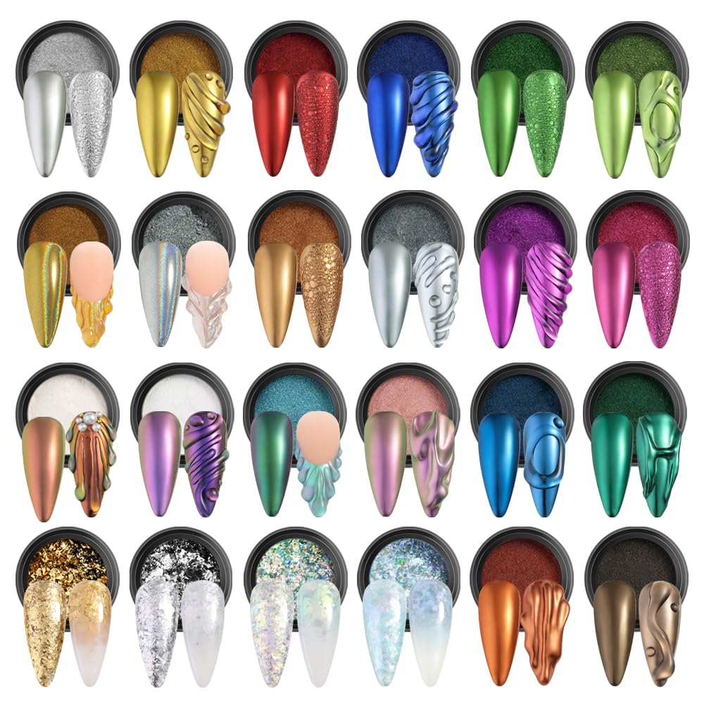 SUTOKAKA 24 Jars Chrome Nail Powder Metallic Mirror Effect Pigment Iridescent Aurora Mermaid Pearl Glitter Dust, Gold Silver Nail Foil Fluorescent