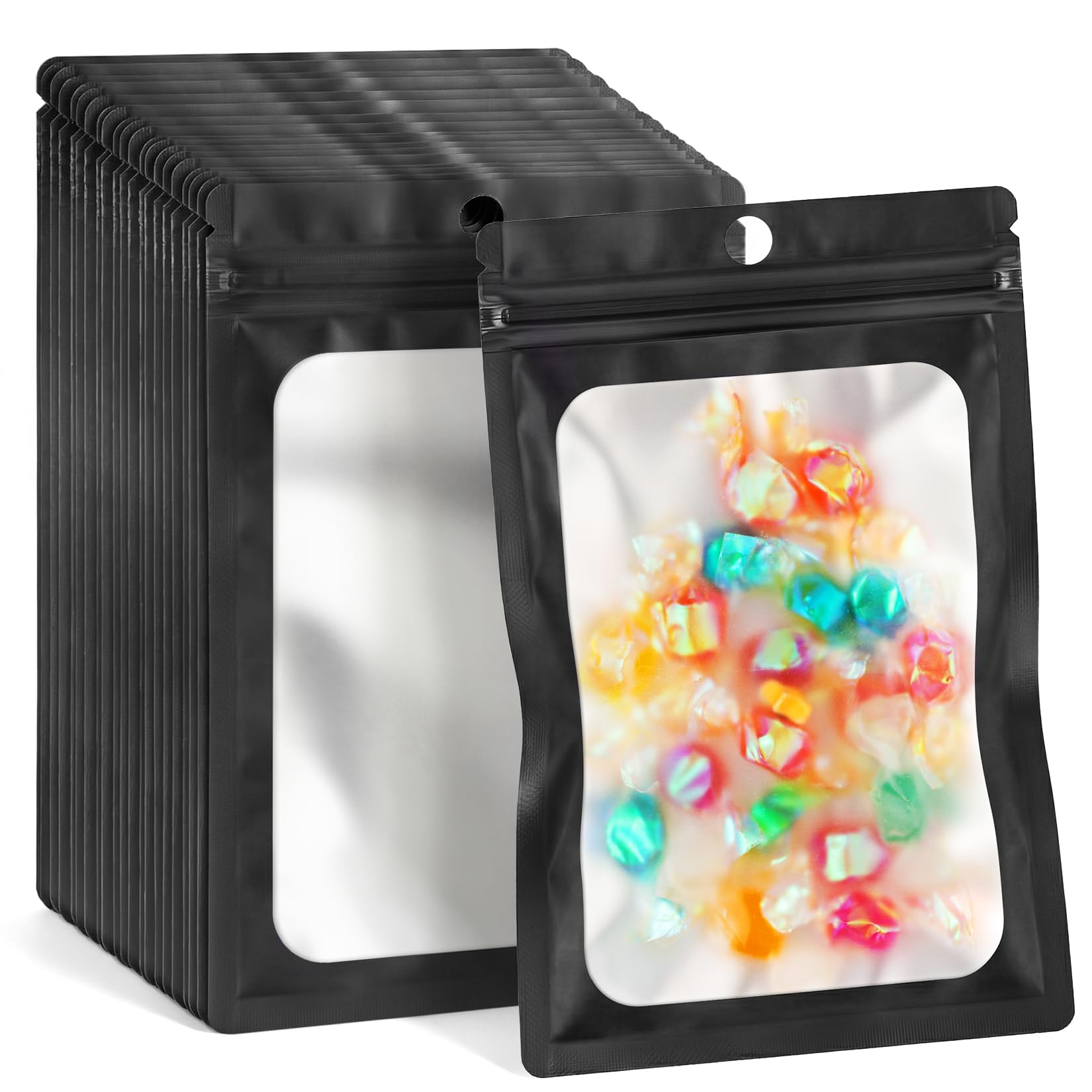 FUNFERY 100 Pack Mylar Resealable Bags Foil Packaging Bags with Clear Window,Zipper Bag Smell Proof Pouch for Food Storage,Cookies,Sample,Small