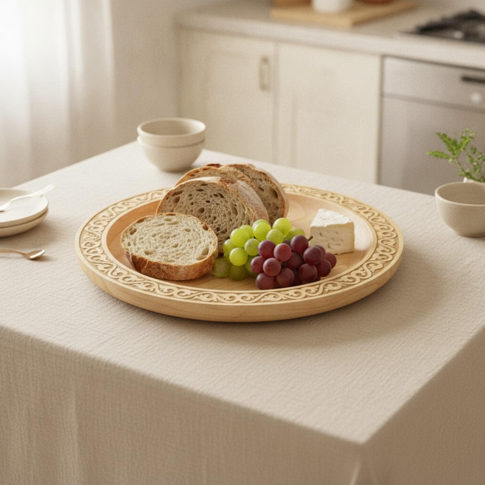 Qianly Plateau Rond En Bois Élégant Vaisselle | Plateau Bordure Sculptée, Robuste, pr Cuisine, Hôtes