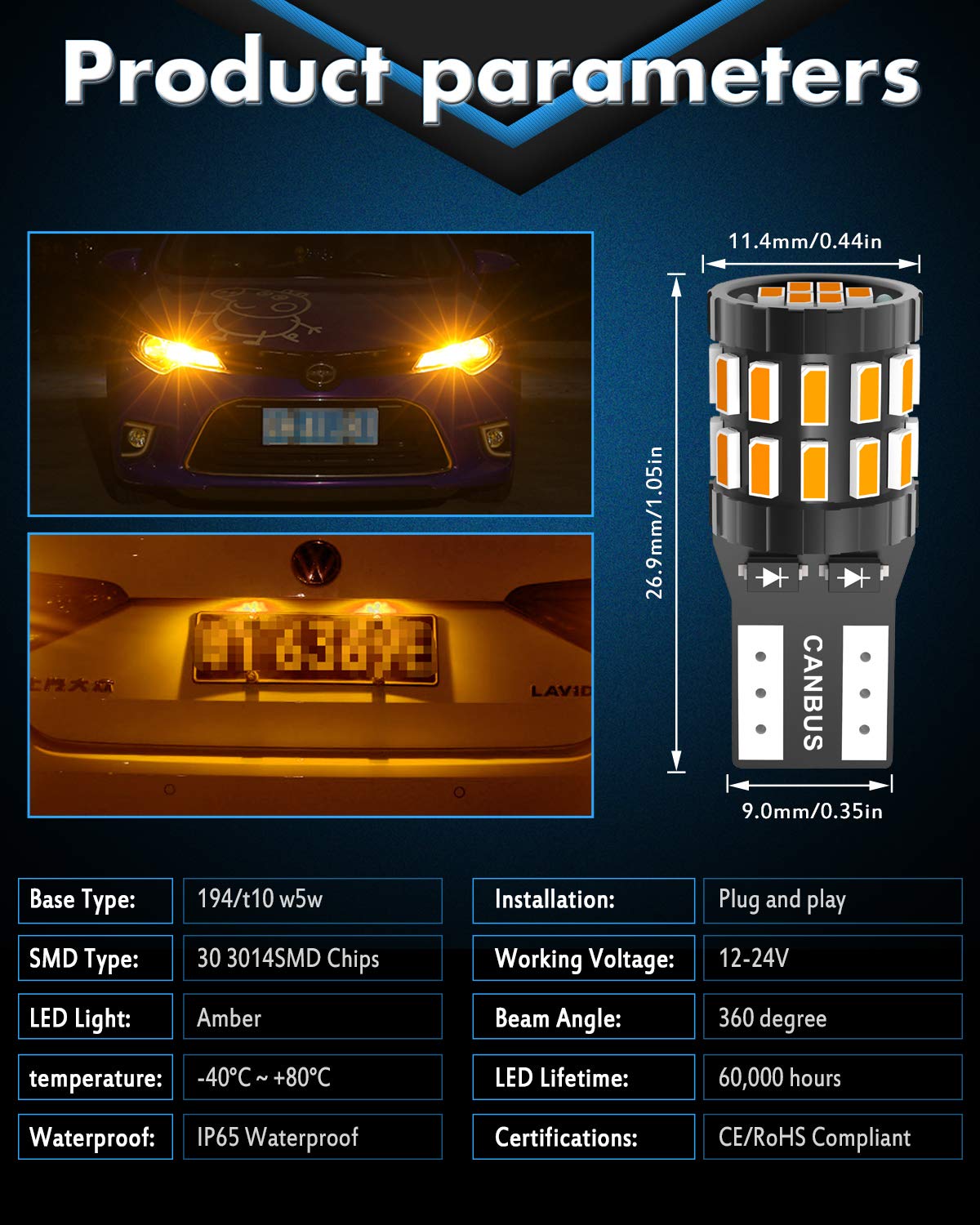 KATUR 194 T10 W5W 168 żarówka LED super jasna bursztynowa żółta 30-SMD 3014 Chipy 12-24 V CANBUS bezbłędne żarówki LED zamiennik do kopuły samochodu drzwi uprzejmość oświetlenie tablicy rejestracyjnej (ulepszona wersja)