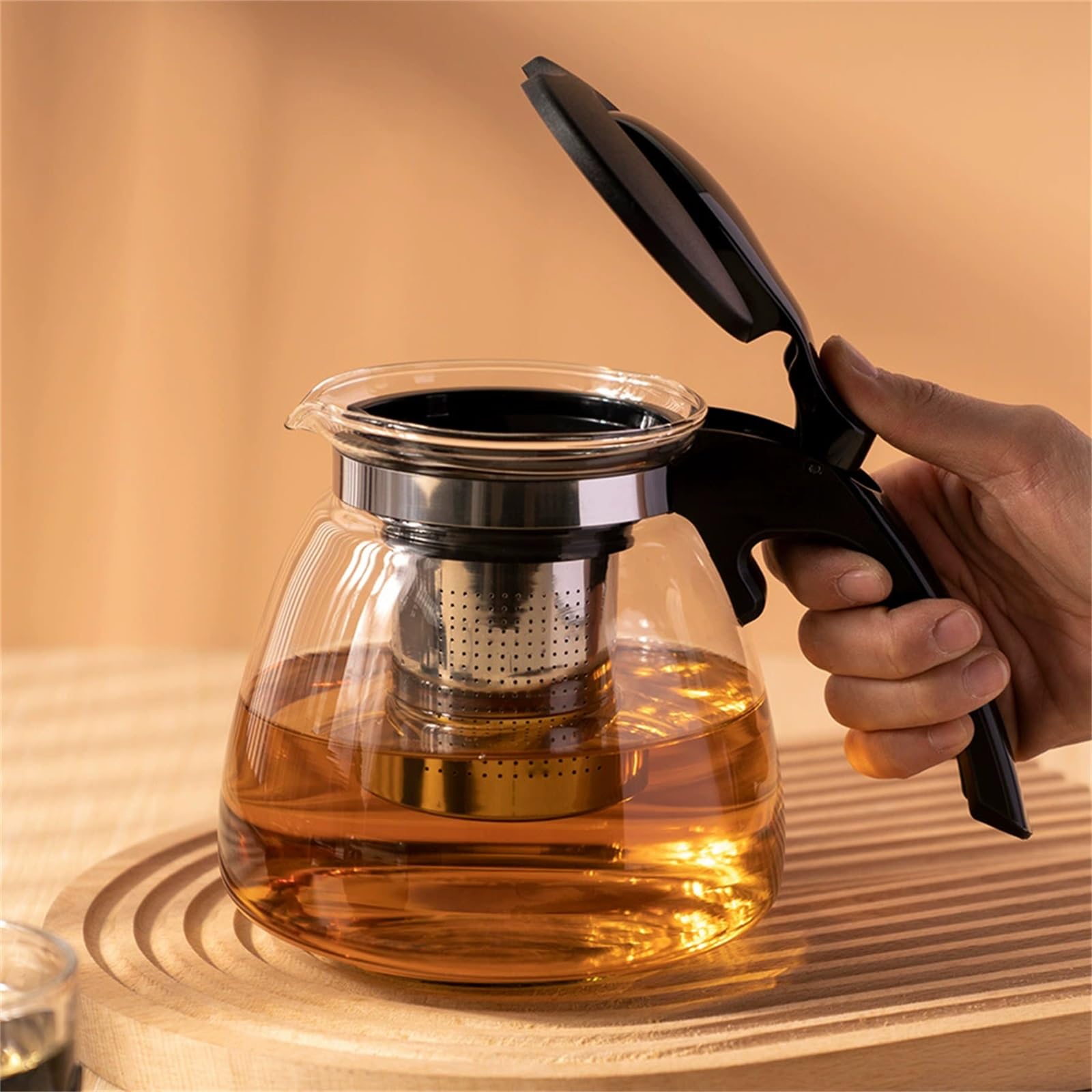 Tetera de Cristal Tetera de vidrio de 1100 ml con tapa de un toque, colador de acero inoxidable, separador de agua de té, juego de tetera individual
