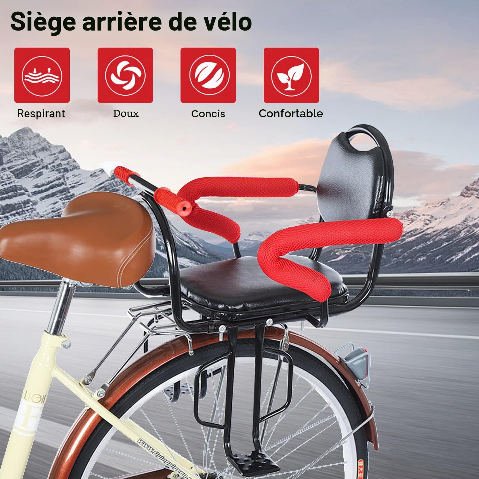 Siège arrière pour vélo Enfant - Siège arrière - Sièges de vélo pour Enfant - avec accoudoirs antidérapants - Coussinets pour pédales - Coussin pour Enfants de 2 à 7 Ans - Charge maximale: 45kg