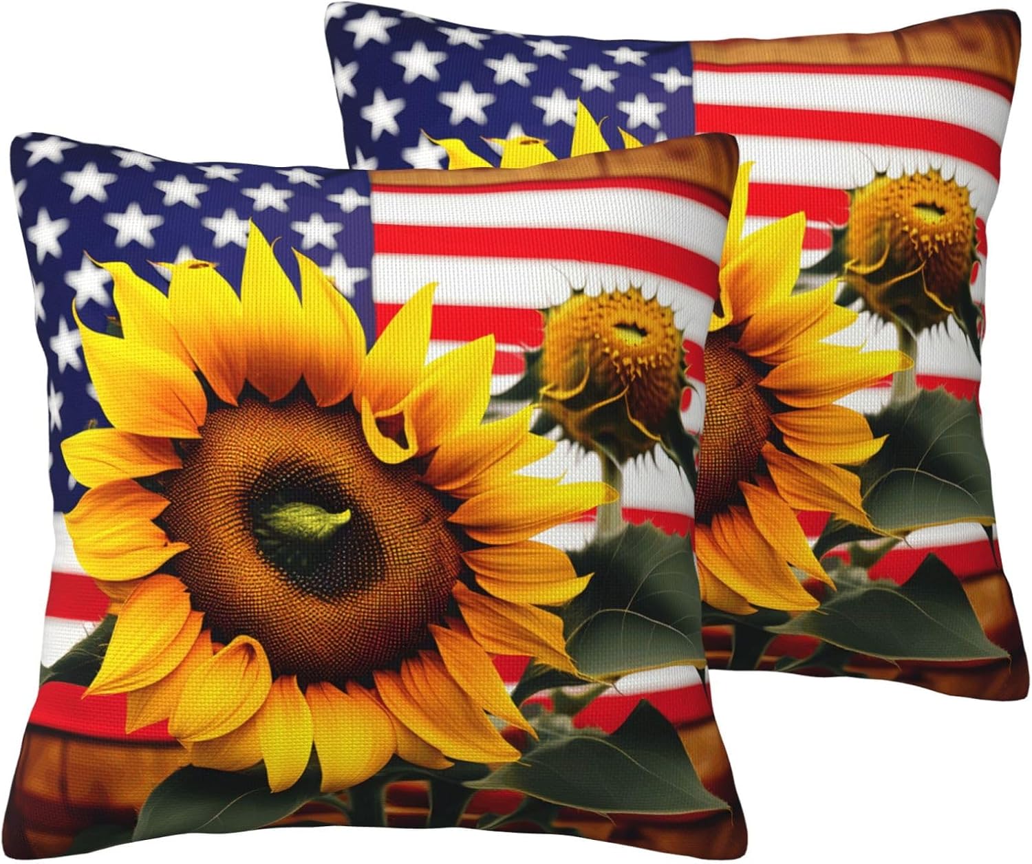 Sunflower and American Flag Imitation Linen Pillowcase -2 Sets, Fashionable Home Decoration, Used for Sofas, Gardens, beds