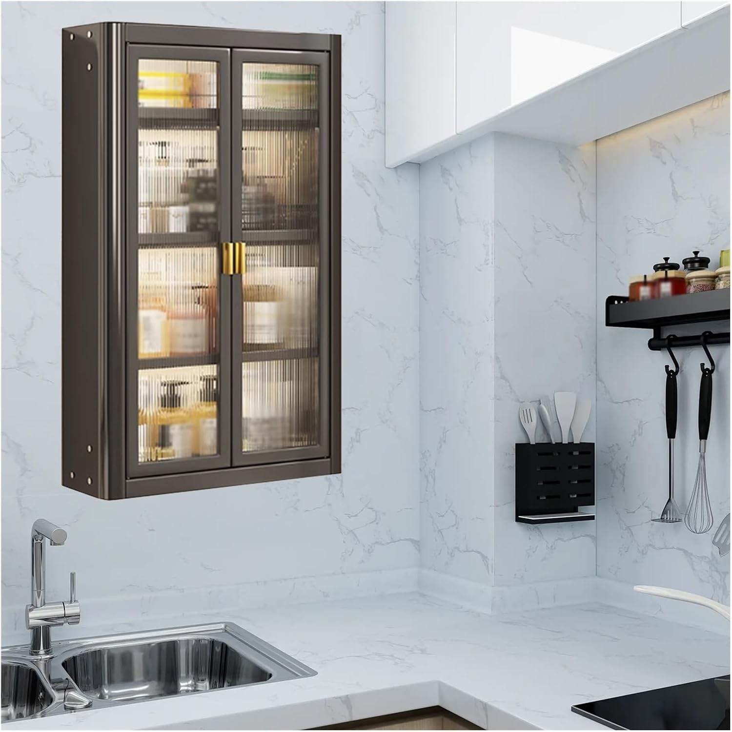 White Black Water Bottle Holder, 20.1 28 in Long Metal Cup Storage Rack with Doors, Wall Mounted Cup Shelf for Corporate/Kindergarten/Labs & Bathroom(Black,Length-15.7"(4 Tiers))