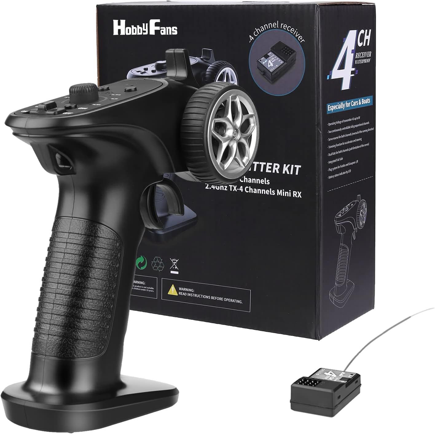 HOBBYFANS 4H-TX 4CH 2.4G Anti-Jamming Radio Remote Control Transmitter with Receiver for RC Car/RC Boat (Transmitter & Receiver)