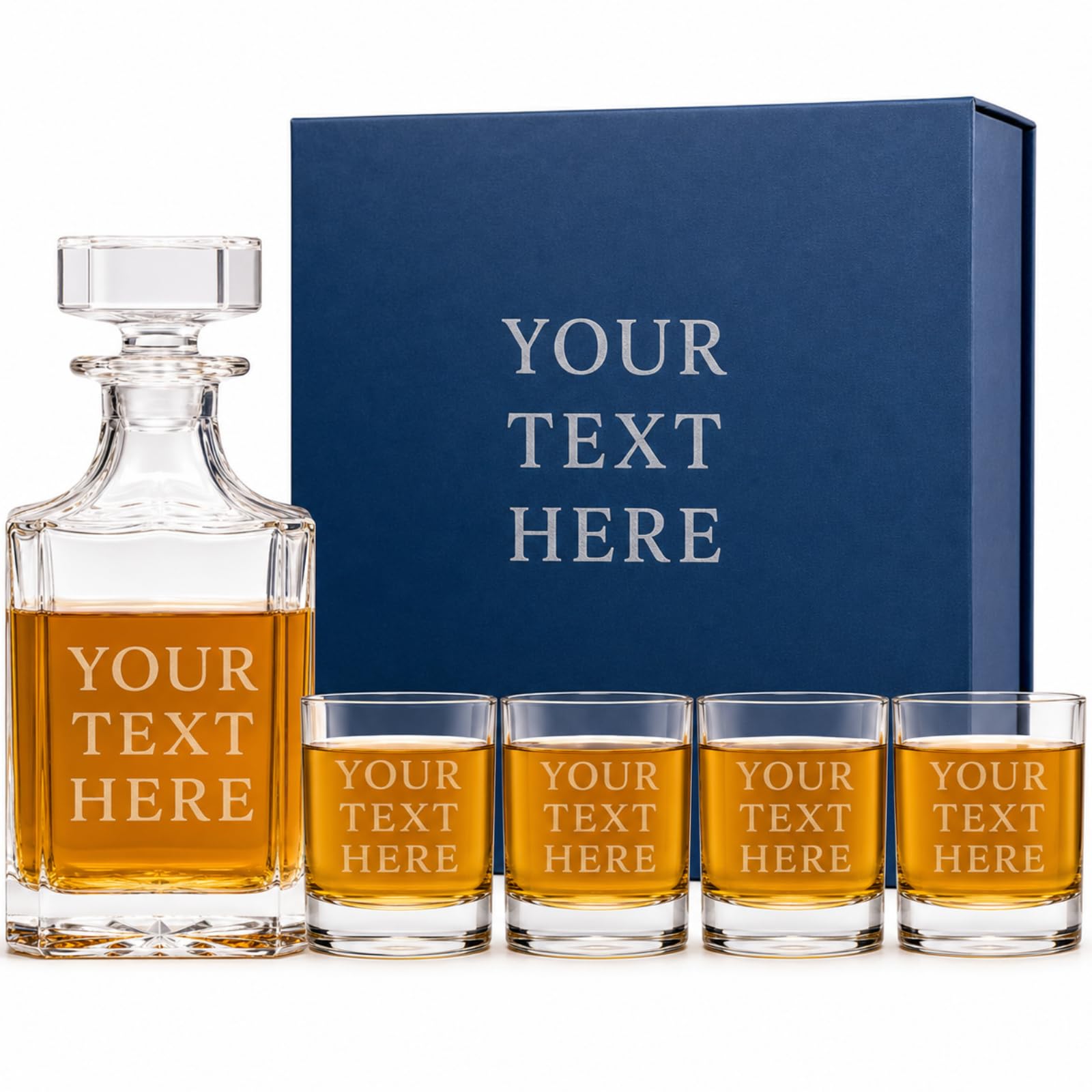 Whiskey Decanter Set with 4 Glasses, Custom Text