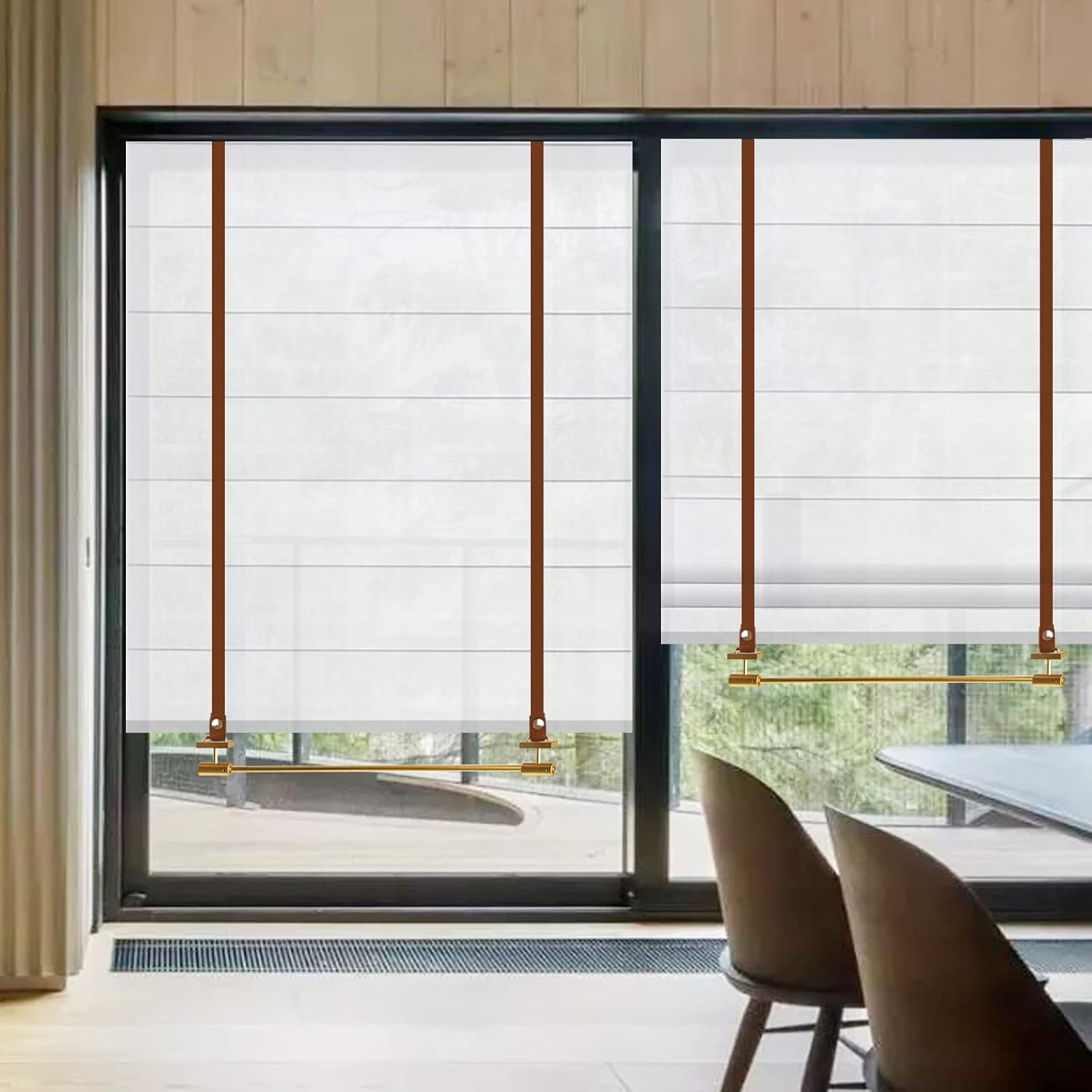 Linen Cordless Roman Window Shades, White Coffee Leather with Gold Bar Light Filtering Customized Window Roman Blinds, Roman Shades for Windows, French Doors, Doors, Kitchen Windows