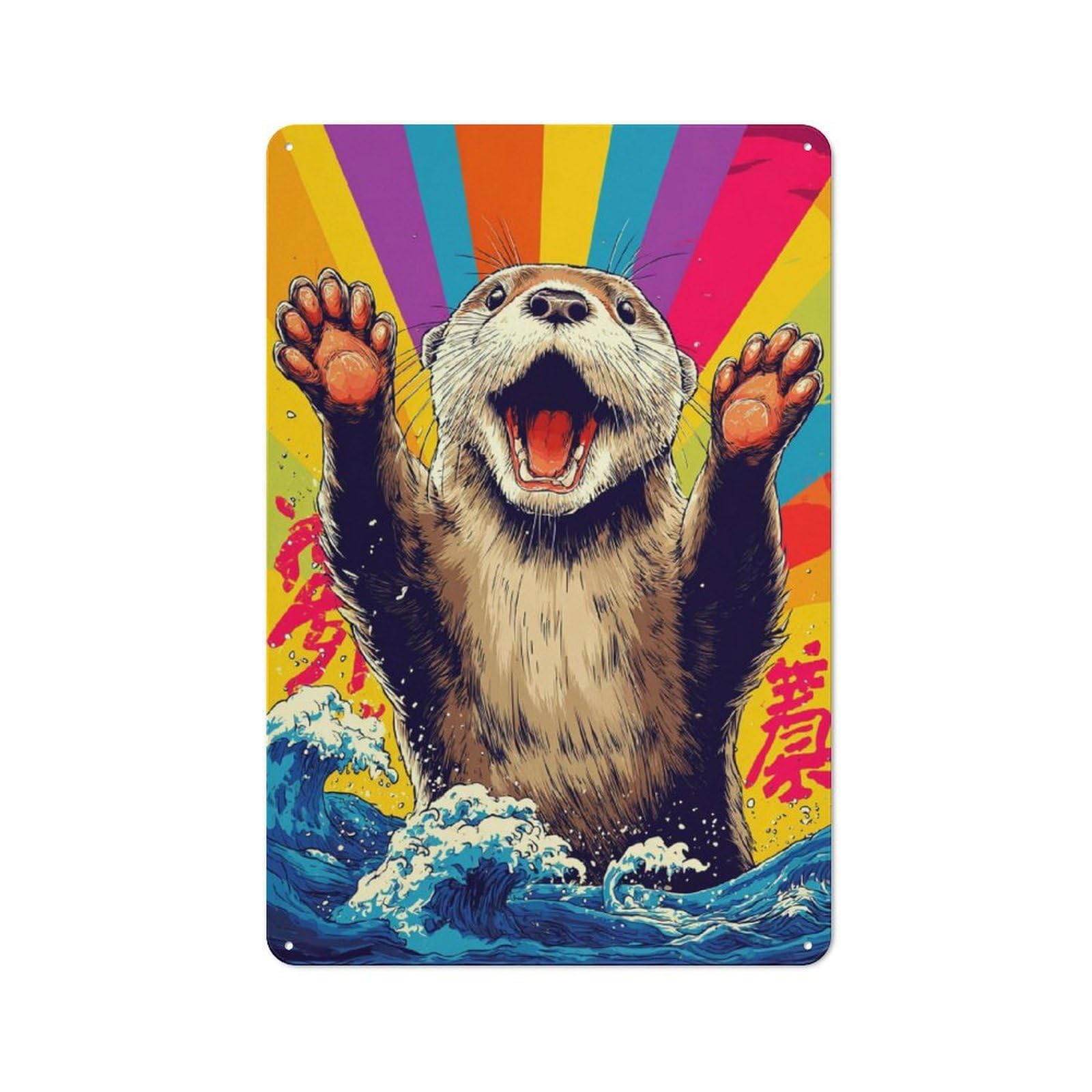 Junmoney Otter Surfing Rainbow Waves Retro Tin Sign 30X20cm Featuring For Home Bar Wall, For Collectors Decorating Home Bars And Entertaining Spaces