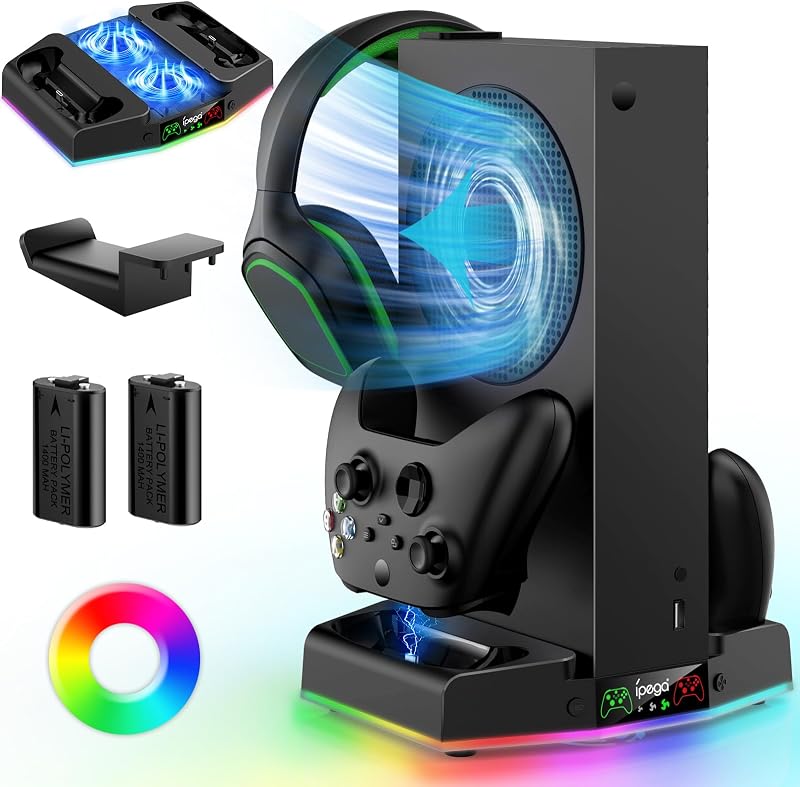 Soporte de refrigeración y estación de carga para Xbox Series S con 15 modos de luz RGB | Cargador para control dual y ventilador enfriador para accesorios Xbox Series S con 2 baterías de 1400 mAh, gancho para auriculares (negro)