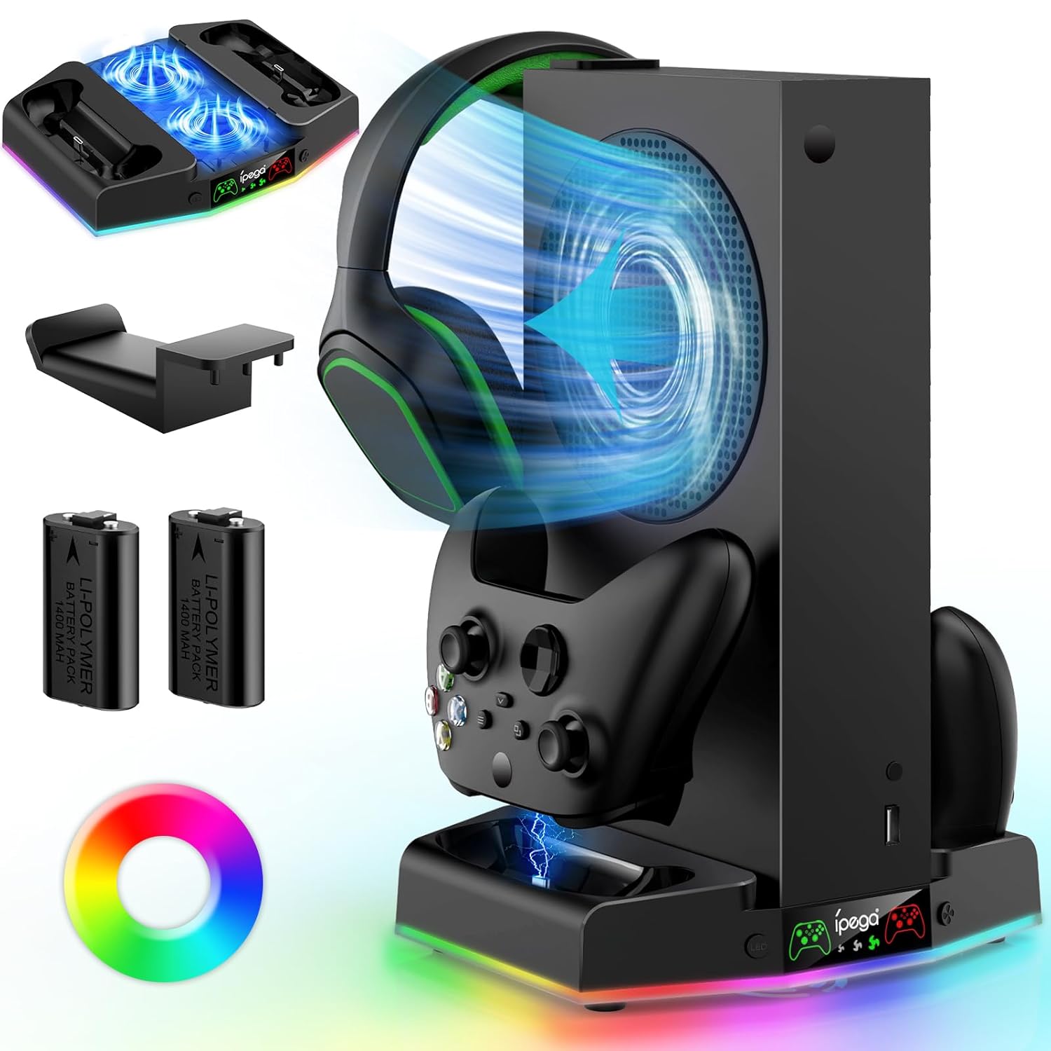 MENEEA Cooling Stand & Charging Station for Xbox Series S with 15 RGB LED Light Modes - Dual Controller Charger & Cooler Fan for Xbox Series S Accessories with 2*1400mAH Batteries and Headphone Hook Black