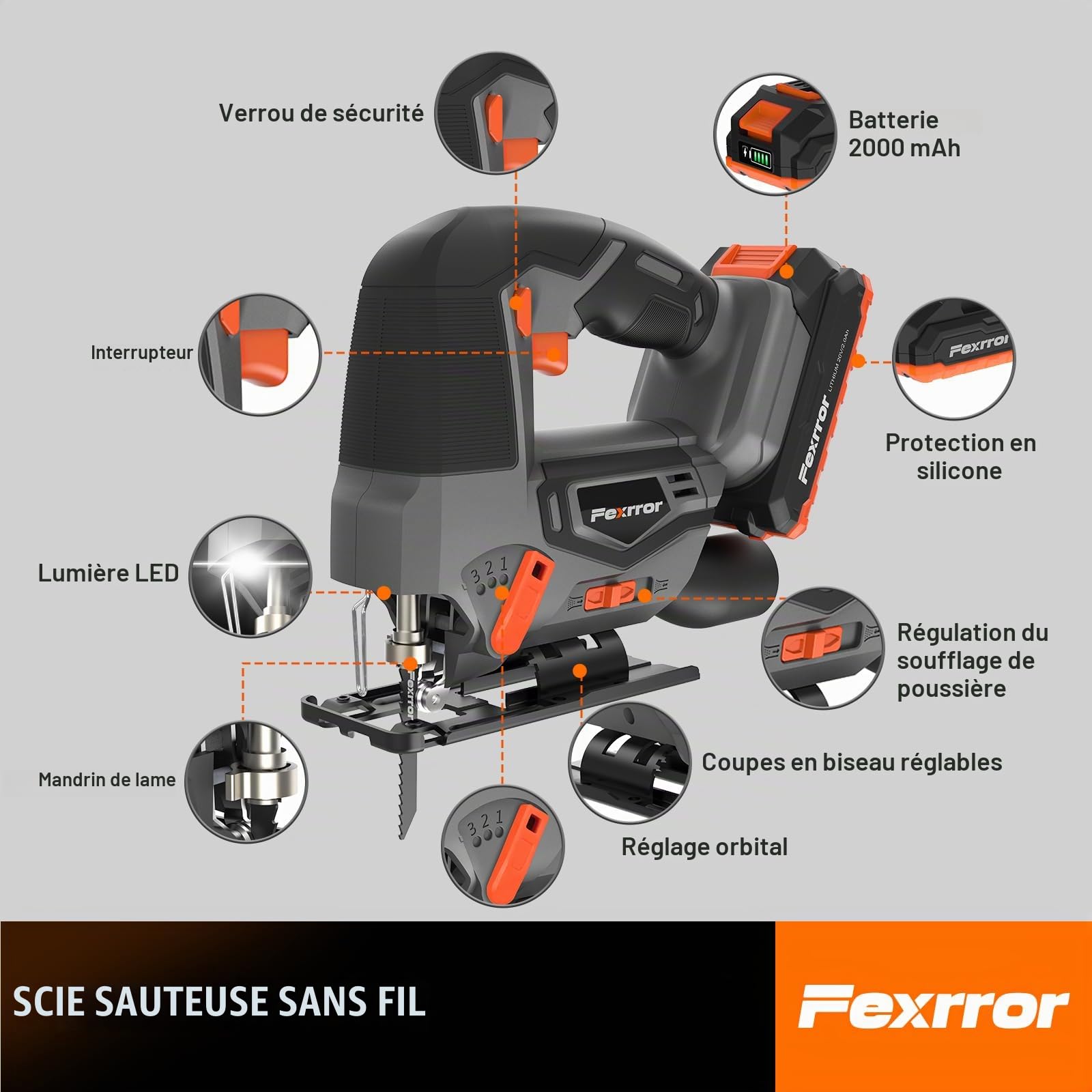 Scie Sauteuse Sans Fil, Scies Sauteuses Électriques Avec Batteries 20V, 5 Lames De Scie Sauteuse, Coupes En Biseau 0°-45°, Action Orbitale 4 Positions, Pour Coupe Droite/Courbe/Cercle