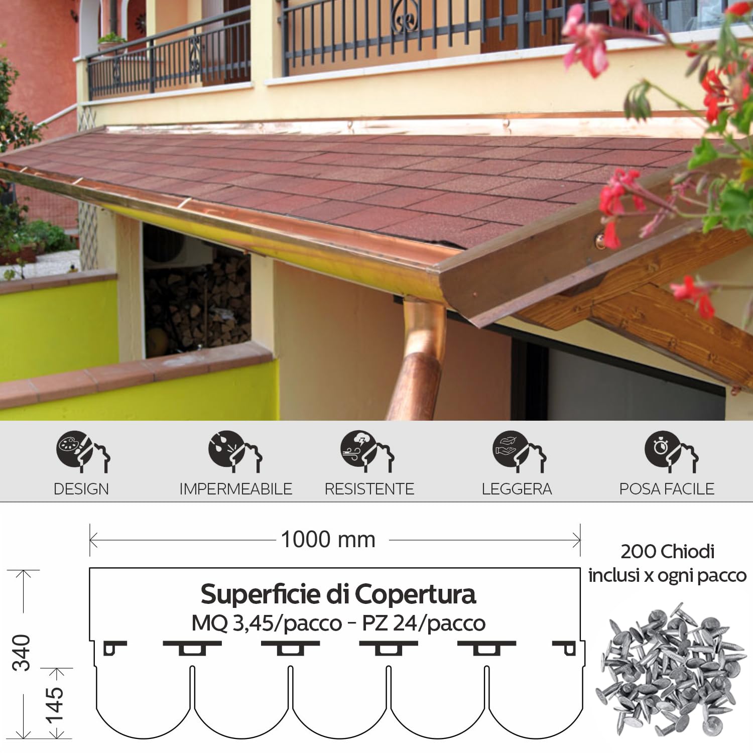 MASTERBRICO Tegole Canadesi per Tettoia Esterno 2,32 mq (16 Pz) – Tegola Canadese Bituminosa e Flessibile con Chiodi Inclusi – Facili da Installare, Resistenti a Intemperie e UV (A008)