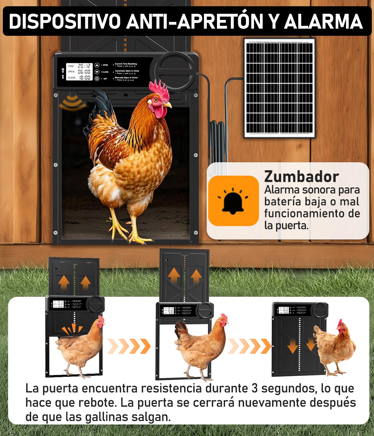 Puerta Gallinero Automática Solar, con Función Manual y Temporizador, Puerta Automática Gallinero con Energía Solar Anti-aplastamiento | Control Remoto | Gran Panel Solar | Batería de Alta Capacidad