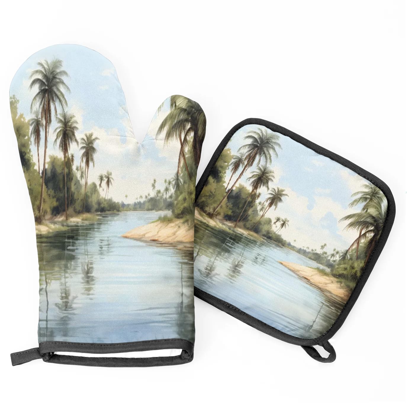 Lake Coconut Trees Landscape Oven Mitts Kitchen Oven Gloves for Cooking Baking Heat Proof Lining Cotton Kitchen Potholder Mittens Pot Holders Hot Pads for Chef Women Men