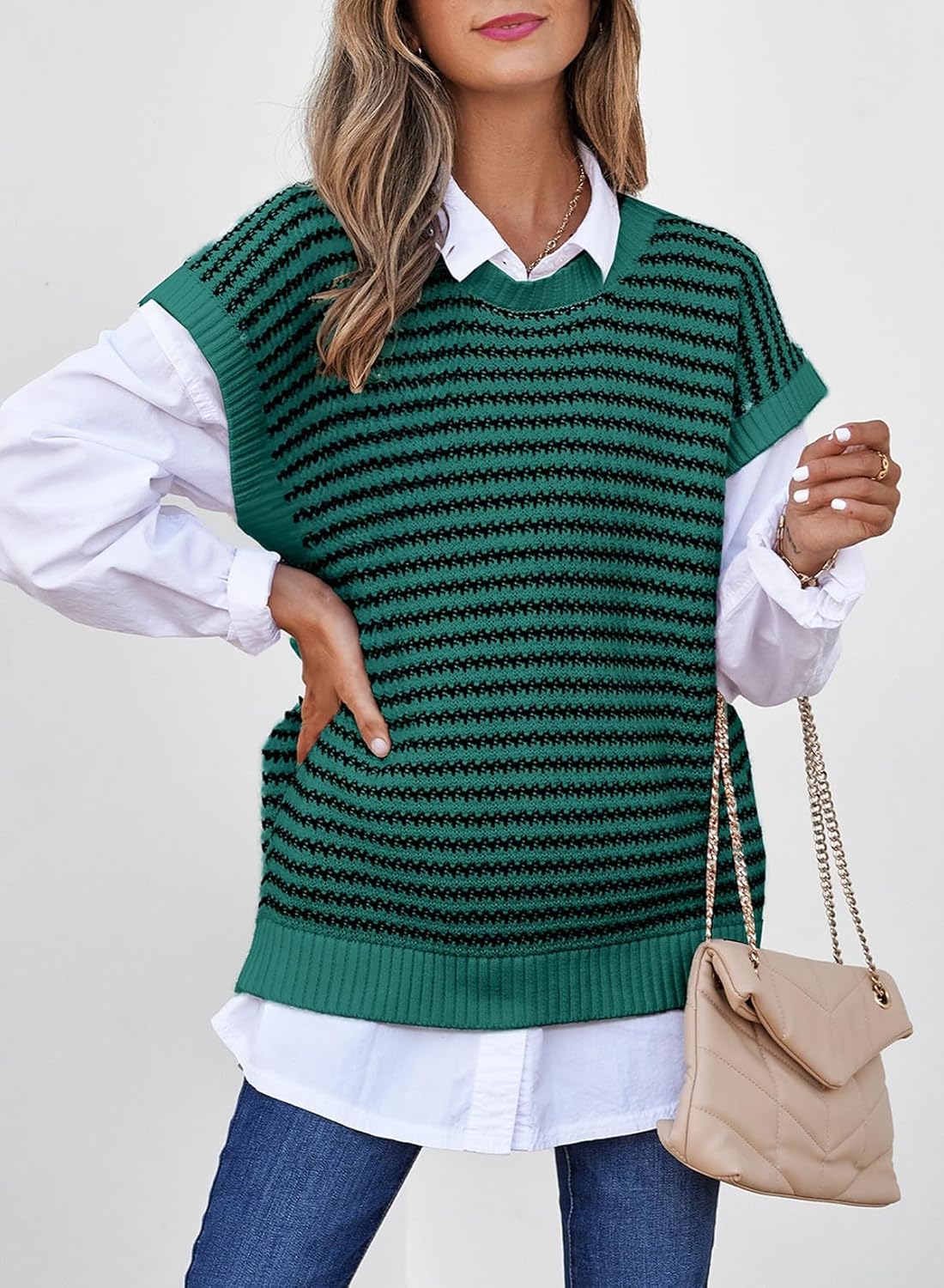 EVALESS Women's Sweater Vest Striped Pullover Tank Top Round Neck Cap Sleeve Lightweight 2025 Summer Casual Clothes - Image 4