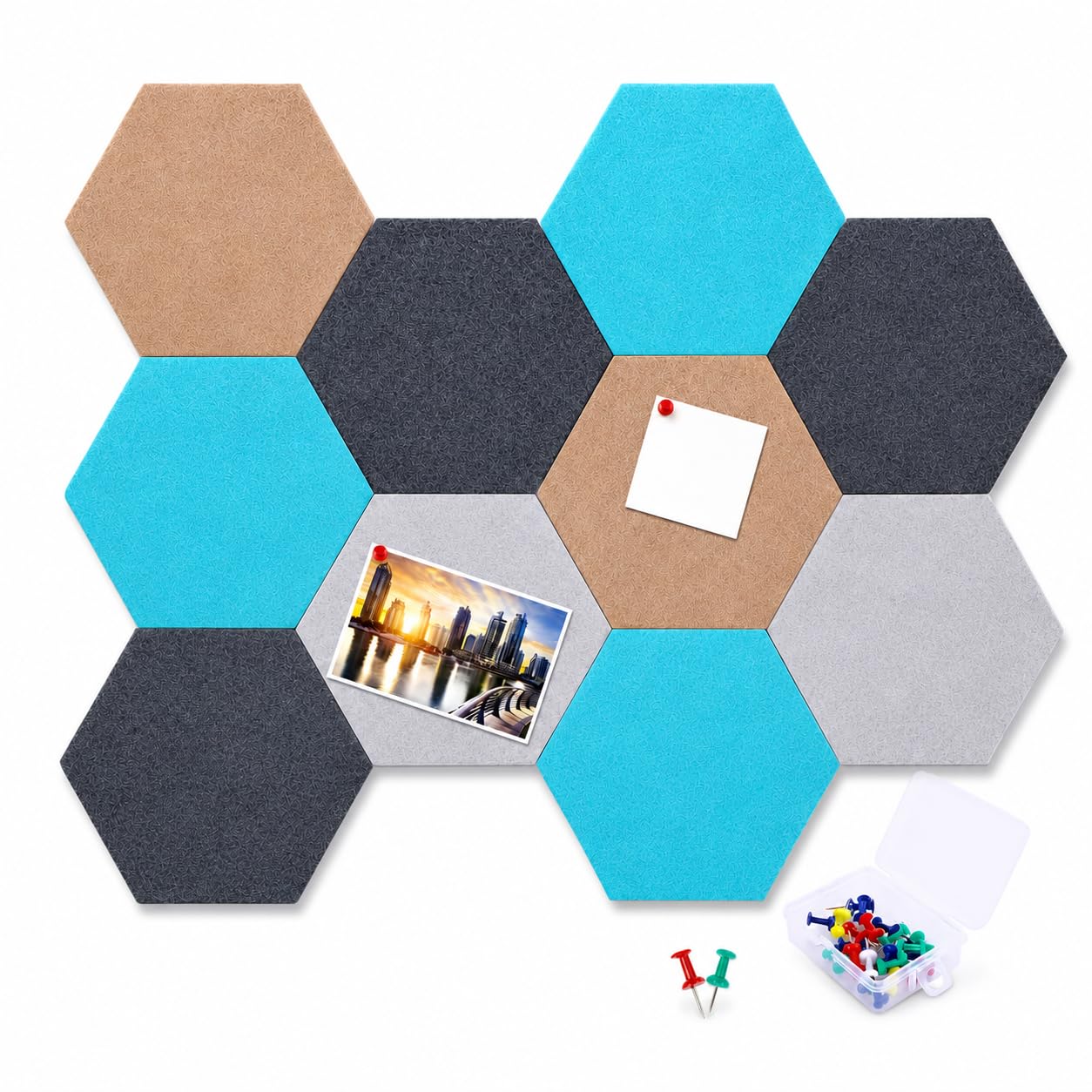 10PCS Panneau Liège Mural Hexagonal, Tableau en Liège avec 20 Épingles, DIY Plaque de Liège Colorée pour Maison Bureau (20x17cm)