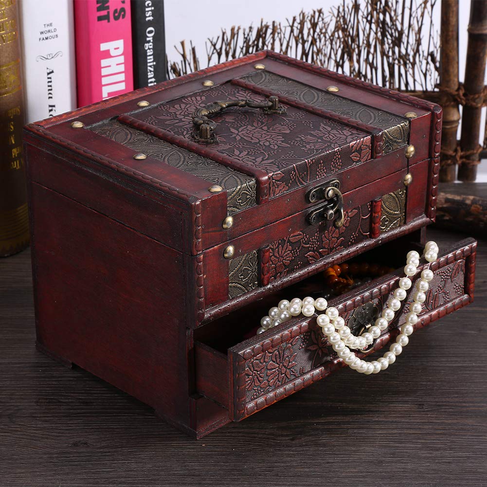 Cofre de joyería, 1 caja de almacenamiento clásica de madera para joyas, organizador de pecho con espejo para Navidad, día de San Valentín, día de la madre, regalos de cumpleaños