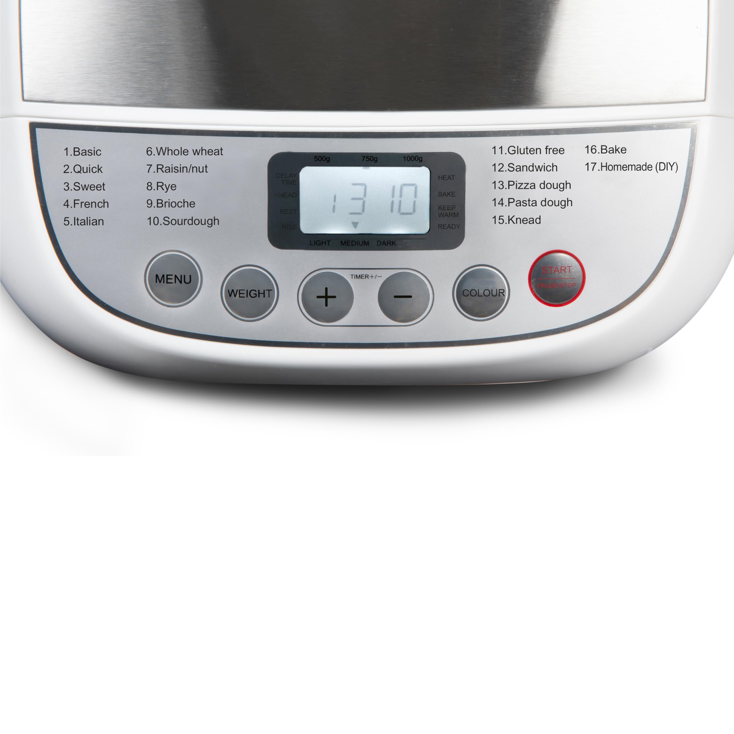 DOMO B3976 Machine à pain – 17 programmes de cuisson (dont Pizza et Sans gluten) – 3 tailles de pain (500 g, 750 g, 1000 g) – Sans PFAS – Avec minuterie – Écran LCD – Blanc