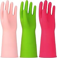 Vista 1 de 3 Pares de Guantes de Limpieza de Goma Sin Látex Guantes para Lavar Platos - Guantes de Nitrilo Reutilizables de 13" Talla Mediana, Verde+Rosa+Rojo