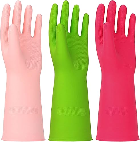 3 Pares de Guantes de Limpieza de Goma Sin Látex Guantes para Lavar Platos - Guantes de Nitrilo Reutilizables de 13" Talla Mediana, Verde+Rosa+Rojo