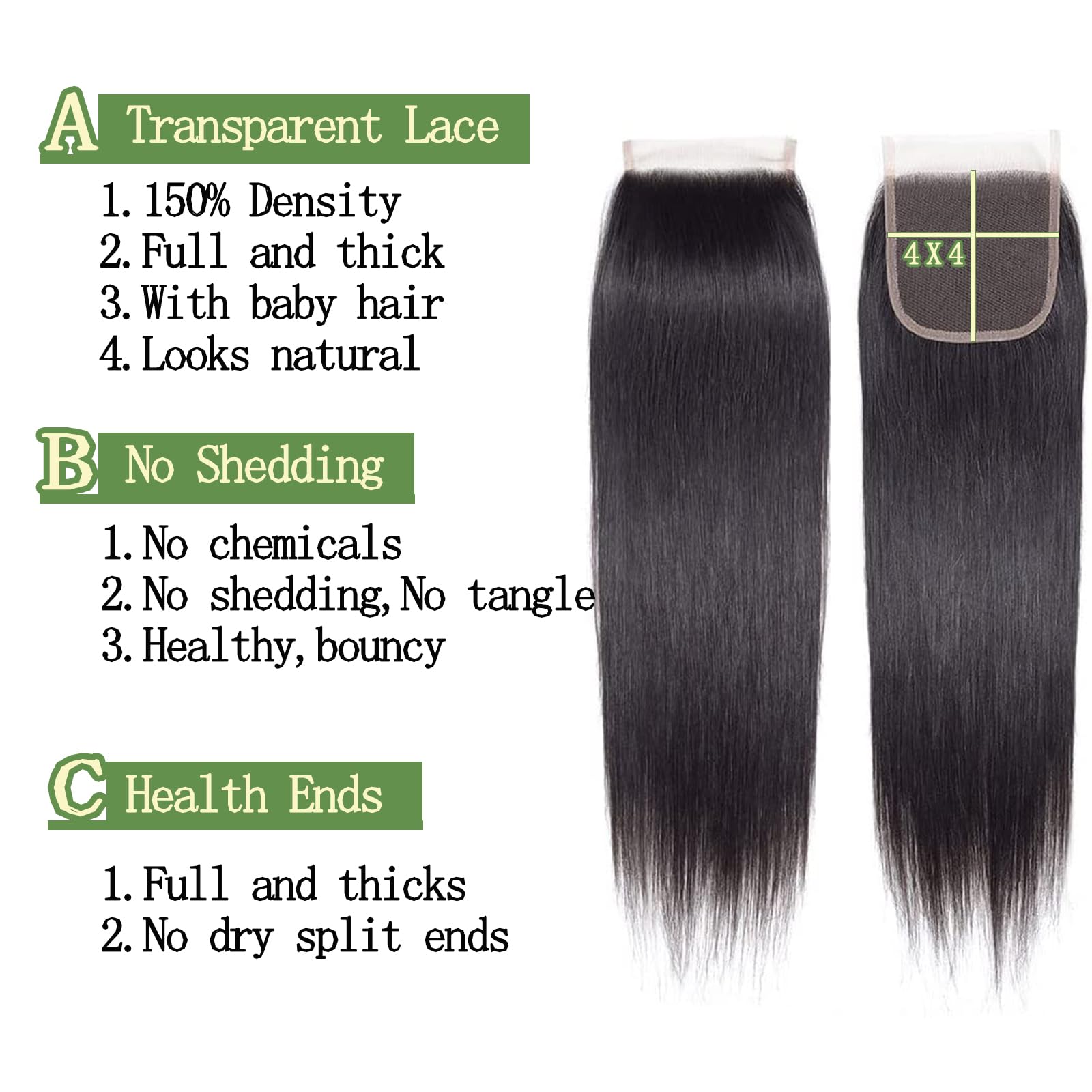 4x4 Swiss Lace Closure Straight Human Hair 16 Inch Brazilian VirginHair 100% Human Hair Extensions for Black Women Natural Color - Image 4