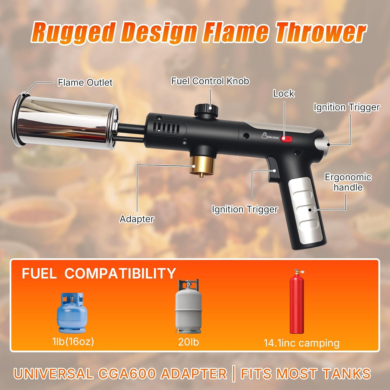 Propane Torch Gun with Dual Ignition & Safety Lock, 3272°F Turbo Flame, One-Touch Max Flame Button, Heavy Duty Adjustable Torch Lighter for BBQ, Welding, Camping (Propane Tank Not Included)