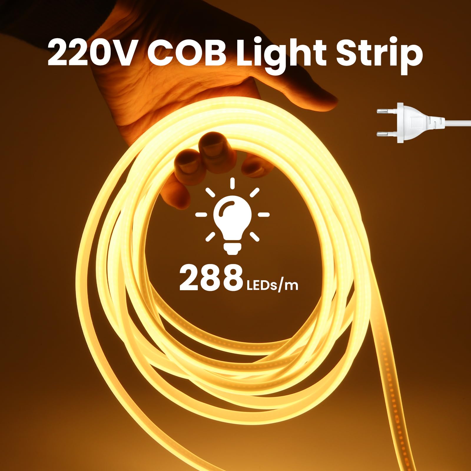 KISUFU Tira LED COB 220V, 288 LEDs/m IP65 Impermeable Neon Luces de LED Light Strip con Temporizador de 3 etapas de 4 teclas Para Habitacion, Dormitorio, Patio.