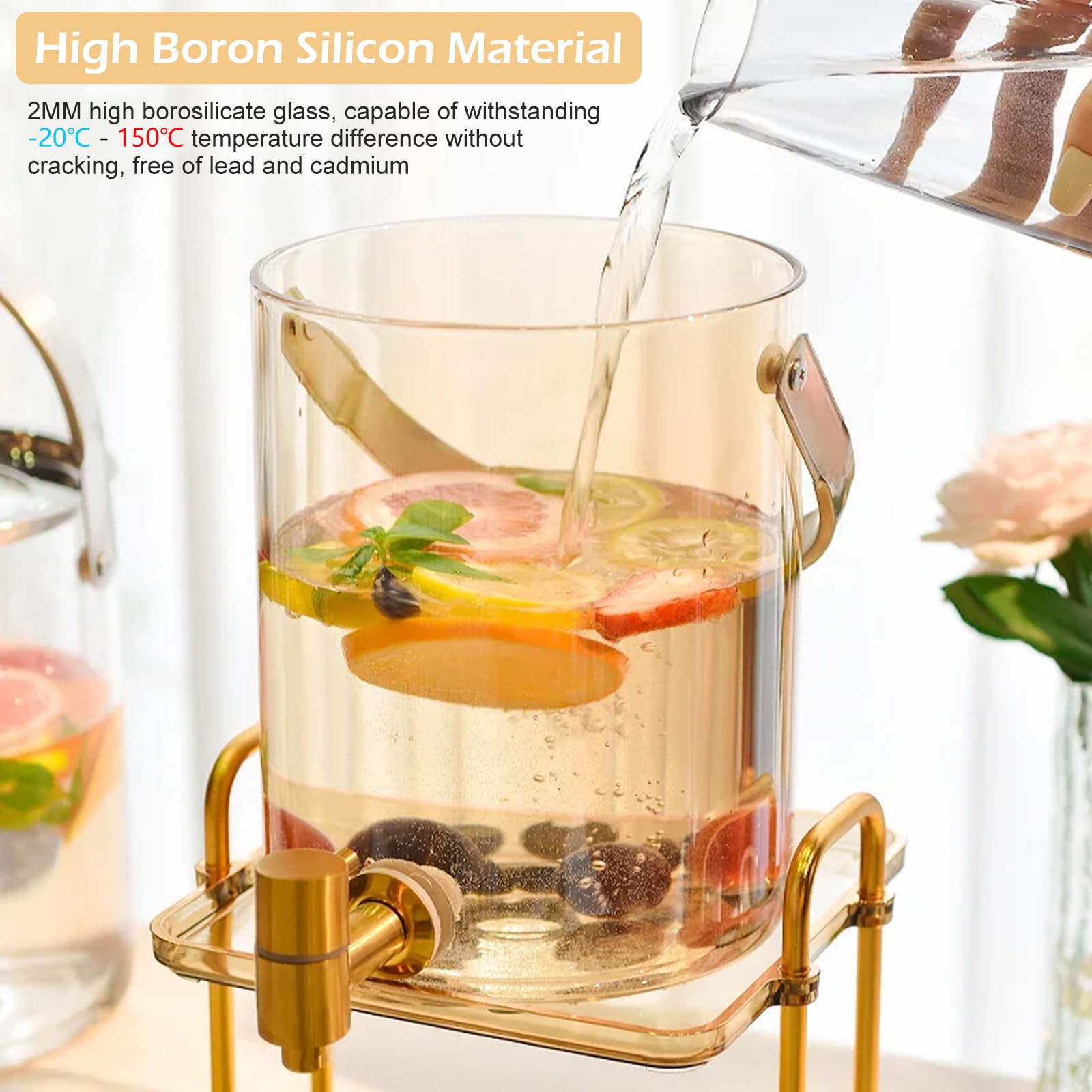 Getränkespender aus Glas,CEIEVER Eisgetränkeglas mit Zapfhahn aus Edelstahl und Ständer Wasserspender Glasbehälter für kalte Getränke mit 4 Gläsern Limonaden-Getränkespender für Partys (3000ML)