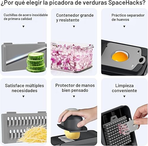Miniatura 3 de Picador de verduras 12 en 1, utensilios de cocina con 7 cuchillas, verduras, alimentos, picador de cebolla, rebanador de pepino, mandolina versátil,