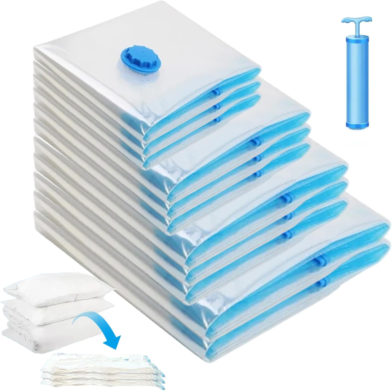 Vacuum Storage Bags with Pump, Space Saver Bags for Clothing and Blankets, Vacuum Seal for Travel and Home Organization, 12Pcs.