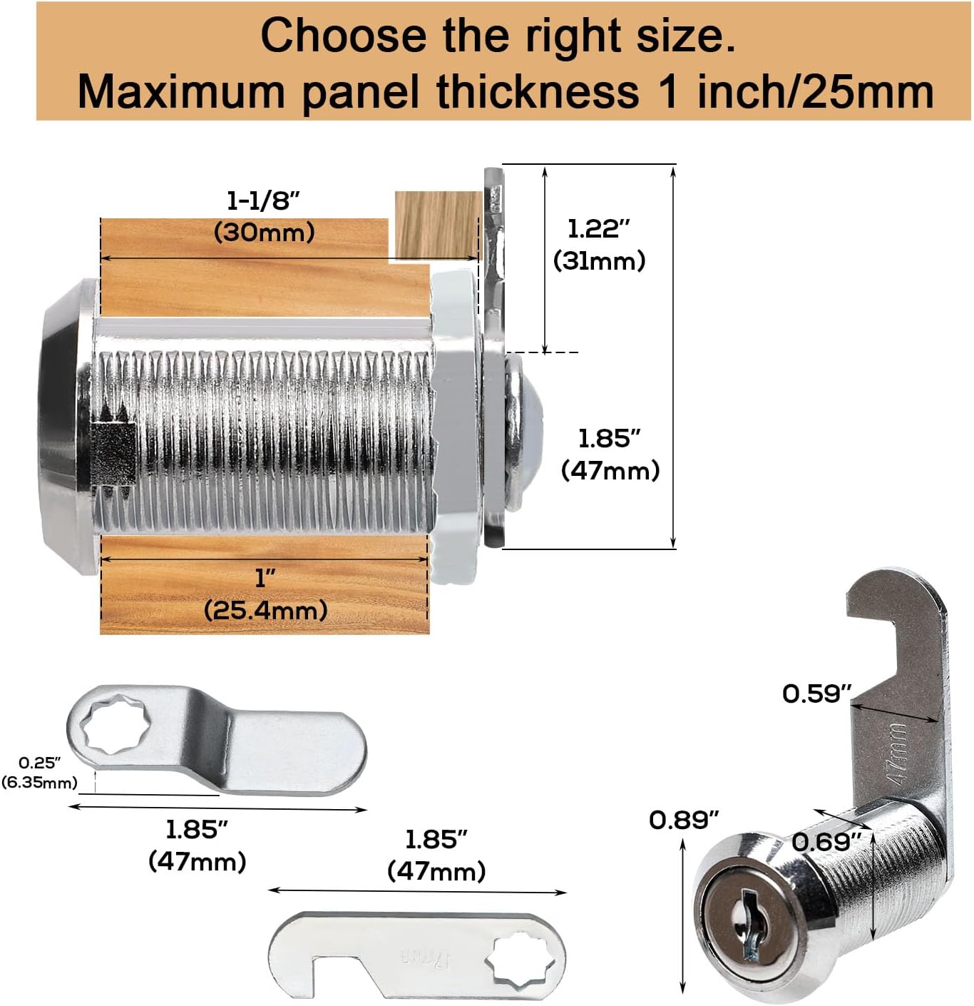 2pcs Cabinet Cam Locks Keyed Alike, 1 Inch Cam Locks for Cabinets Fits on 3/4 Inch Max Door Thickness Zinc Alloy Lock Cylinder Replacement for RV Drawers Mailbox Cabinets