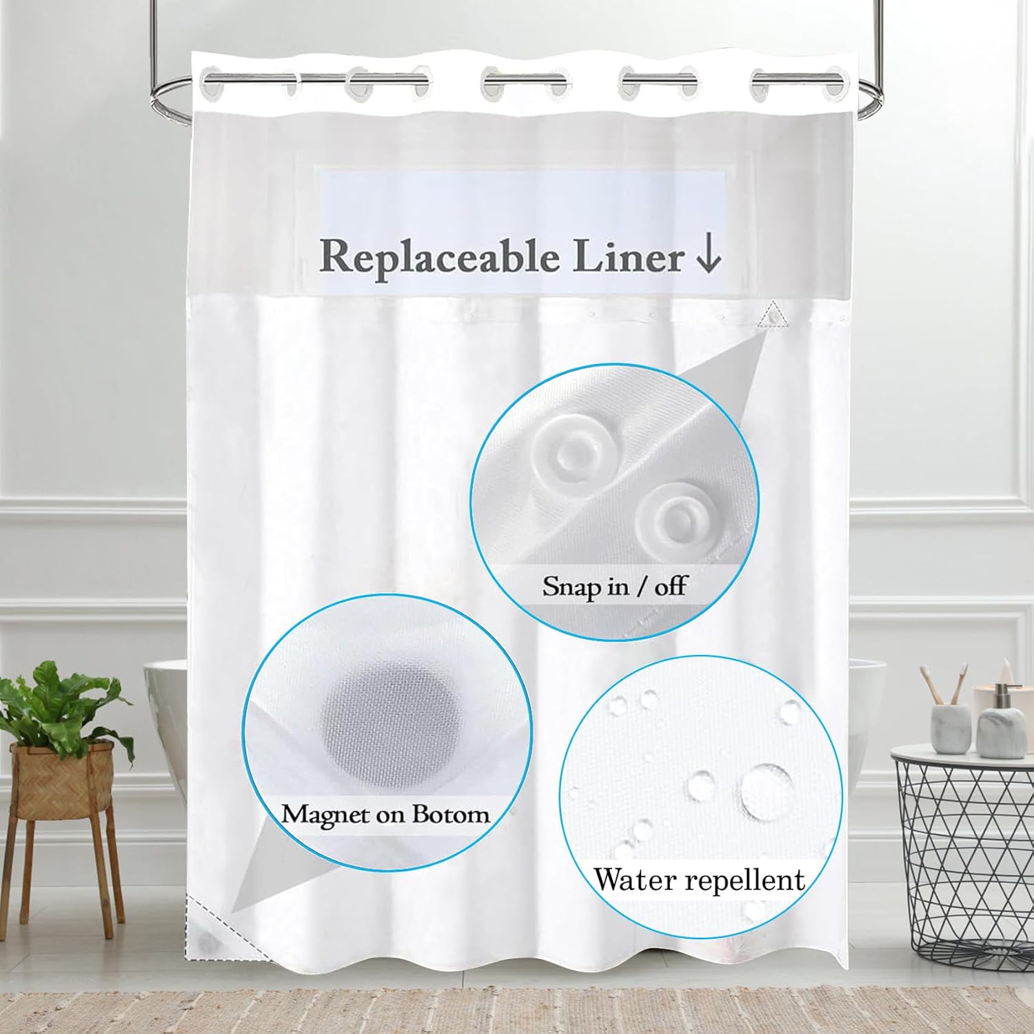 Rustic Forest Cabin Hookless Shower Curtain with Snap in Liner Wild Animal Deer Bear Mushroom and Mountain No Hook Shower Curtain and Liner Set for Bathroom Decor, 71W X 74L inches