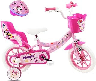 Kinderfahrrad 30,5 cm (12 Zoll) von Disney mit Minnie Helm und ausgestattet mit 1 Bremse, Korb vorne, Puppenträger hinten, Schutzblech, Kurbelgehäuse und Stabilisatoren
