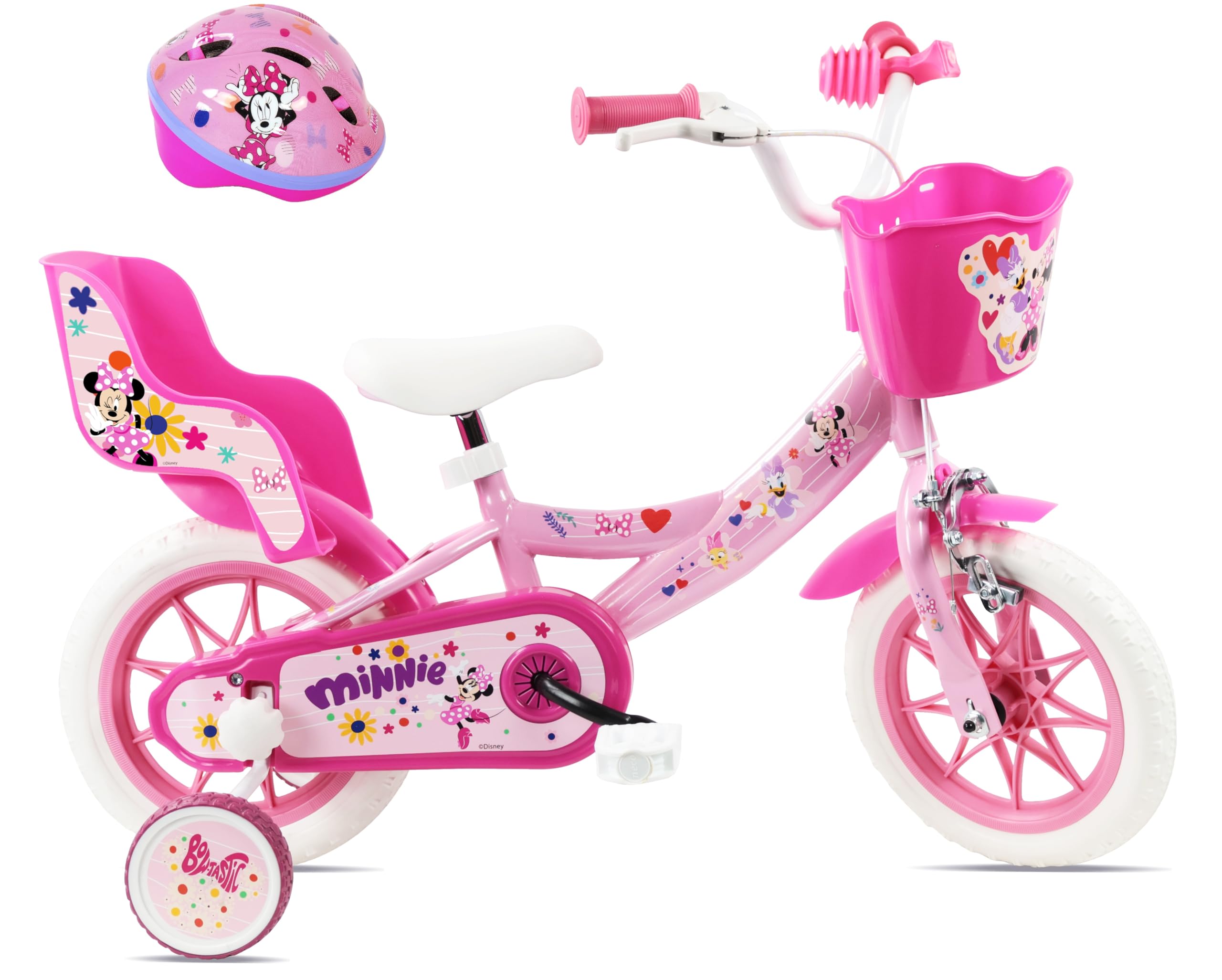 Bicicleta Infantil de 12 ' Minnie de Disney Viene con Casco Minnie y Equipada con 1 Freno, Cesta Delantera, Soporte Trasero para muñecas, Guardabarros, cárter y estabilizadores