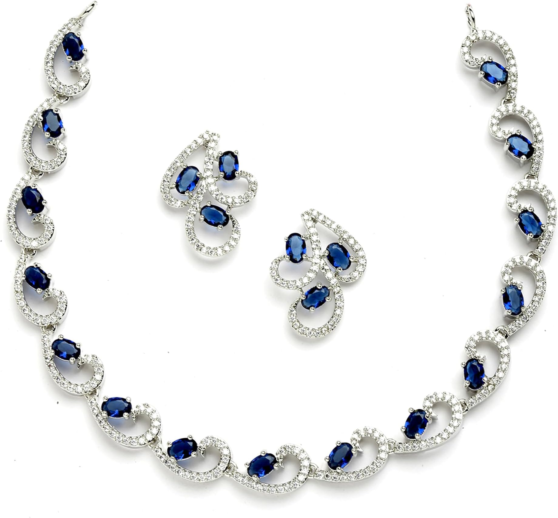 ZENEME Rhodium-Plated with Silver-Toned White Cubic Zirconia & American Diamond studded Necklace and Drop Earrings Jewellery Set for women