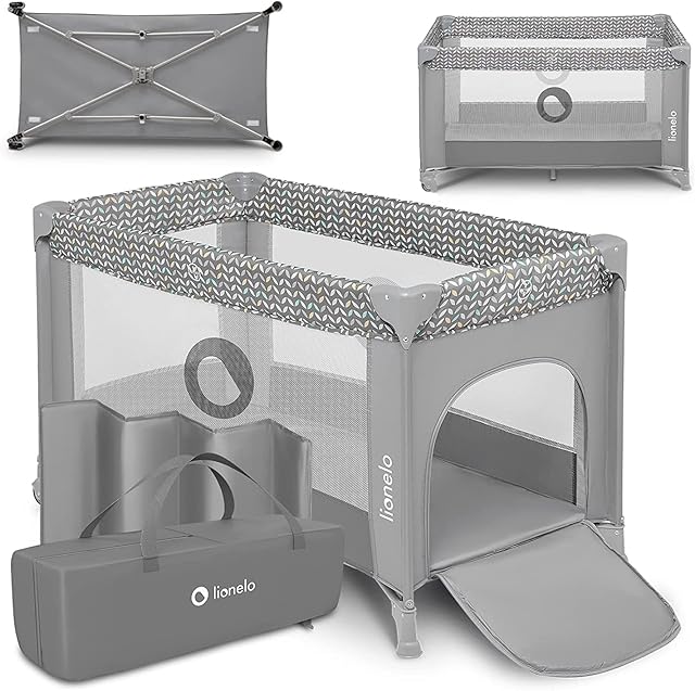 LIONELO Stefi 2 w 1 łóżeczko turystyczne, łóżeczko plus kojec, praktyczne wejście boczne na zamek, wysokiej jakości mata, system szybkiego składania, modny design (Szary)