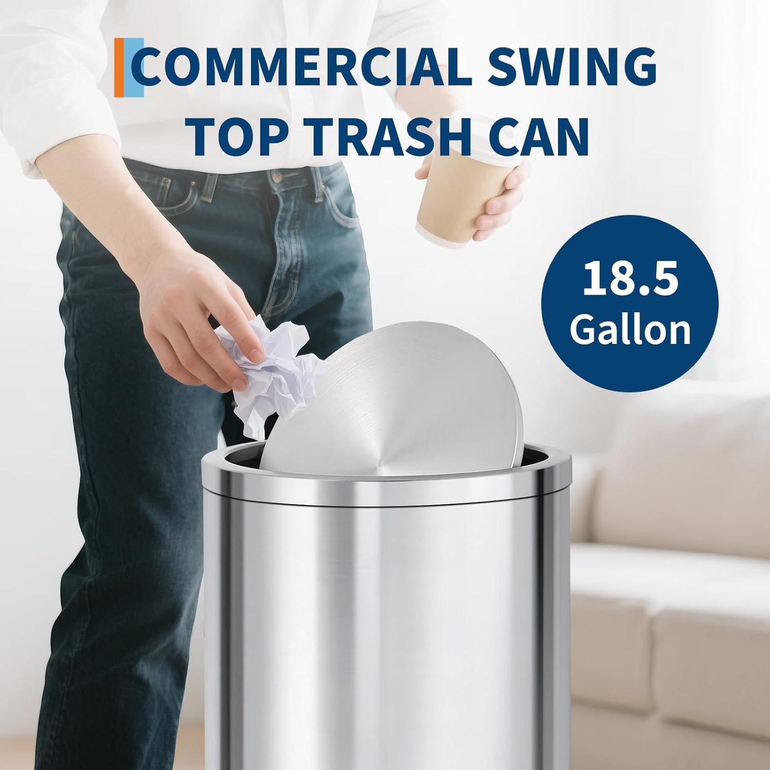 Takywep 18.5 Gallon / 70 L Swing Top Trash Can, Heavy Duty Brushed Stainless Steel Garbage Bin with 360° Swing Lid and Inner Bucket for Kitchen, Office, Restaurant, Bedroom