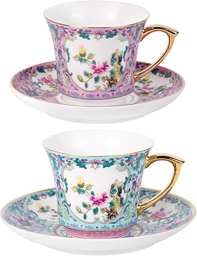 Miniatura 18 de KAMMAK Juego de 2 tazas de té y platillos, taza de café de porcelana con platillo para expreso, capuchino, 7.5 onzas, taza de cerámica floral