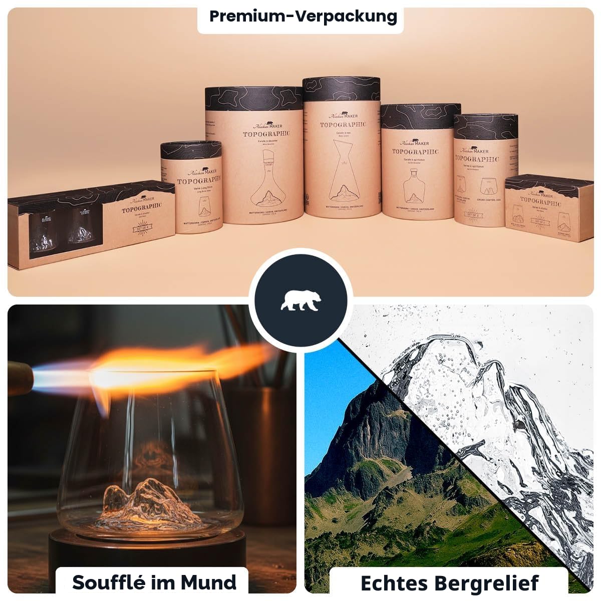 Whiskygläser 350 ml (2 Stück) – hochwertiges Borosilikatglas, handgeblasen mit geprägten Bergen | Tulpenform | TOPOGRAPHISCHE Spirituosen (Österreichische Berge)