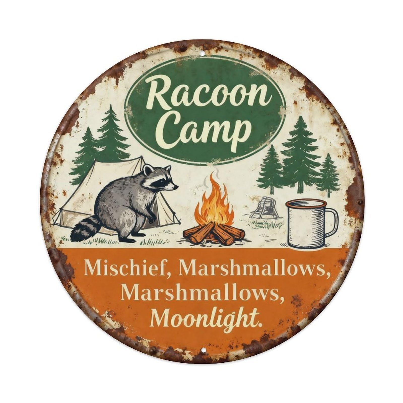 Raccoon Camp Woodland Cabin Decor Metal Tin Sign Plaque