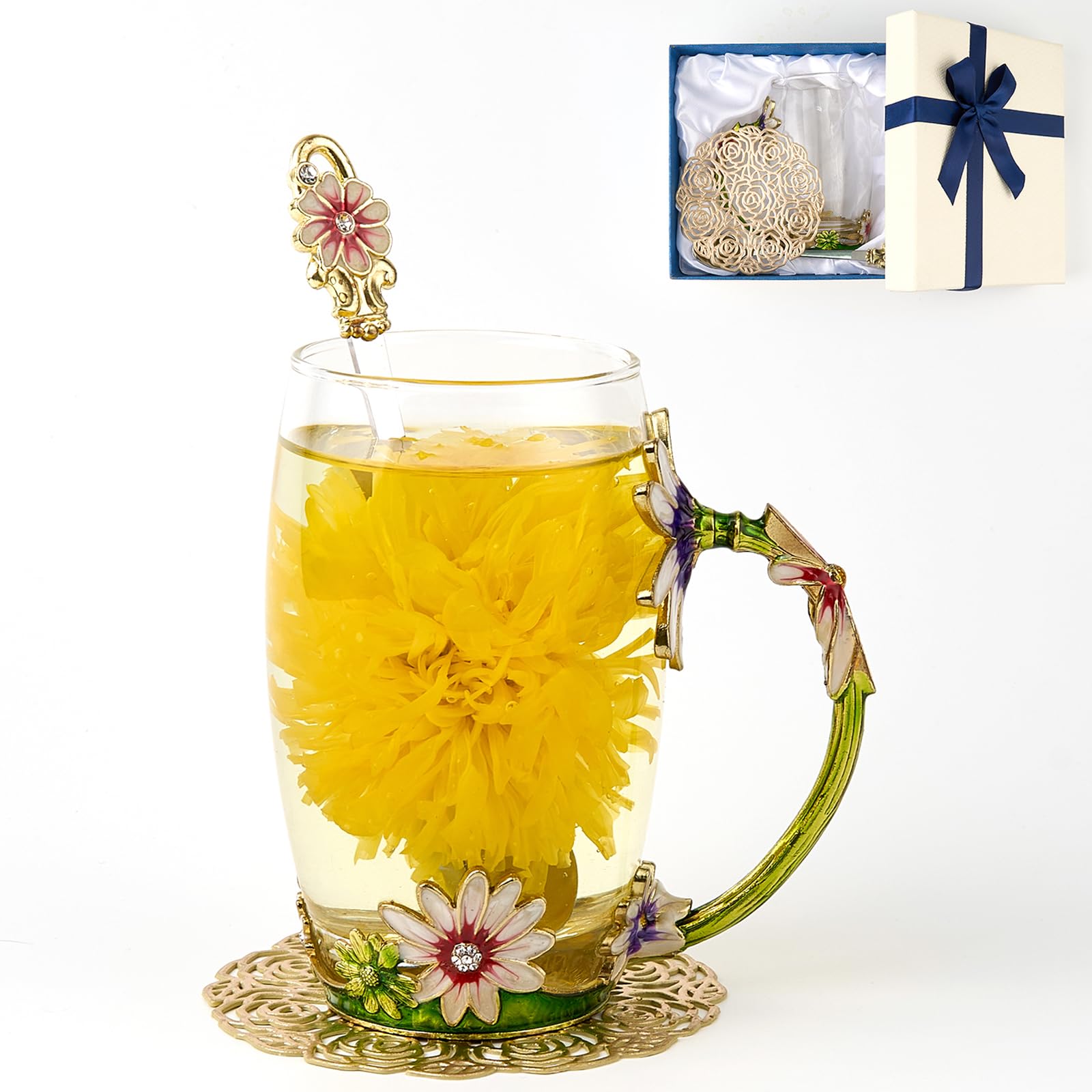 Flower Tea Cup ,Daisy Flower Clear Glass Fancy Coffee Mug with Spoon,Gift Box for Her Mom Wife Grandma Girls Friends Valentines Christmas Birthday Present Idea for Juice,Hot And Cold Drinks Use