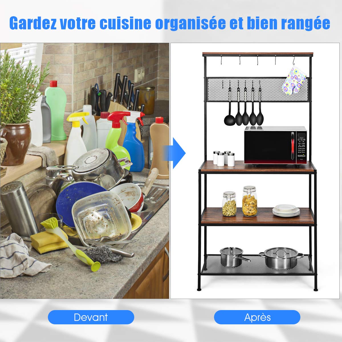 COSTWAY Étagère de Cuisine, Support pour Four à Micro-Ondes à 3 Etages, 11 Crochets en S et 1 Panneau en Grille, Meuble Rangement pour Epices, Pots, Casseroles, Pieds Antidérapants de Style Industriel
