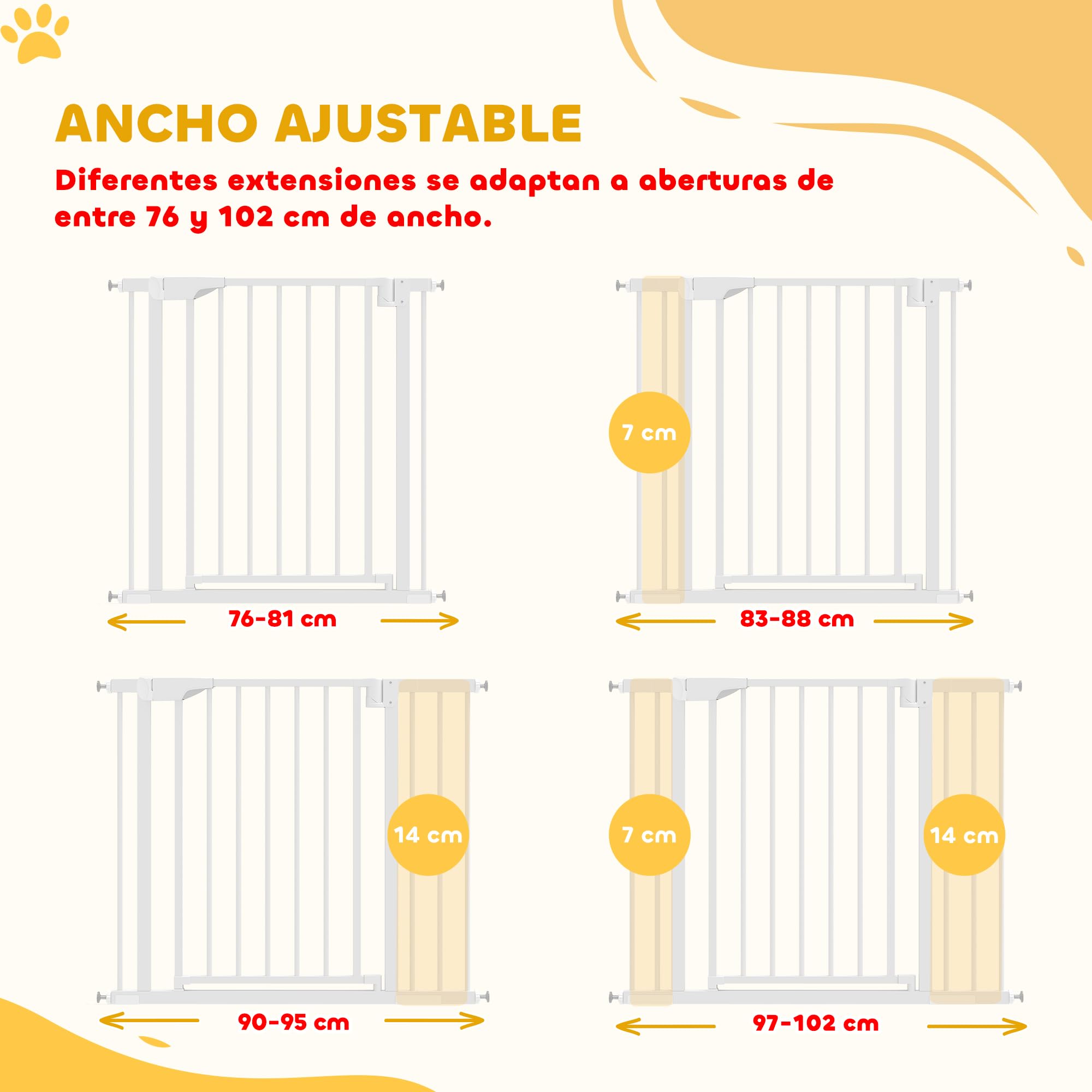 PawHut Barrera de Seguridad para Niños y Perros, Extensible 76-102 cm, Puerta para Perros para Puertas y Escaleras, Bloqueo Doble, Cierre Automático, Montaje a Presión, 2 Extensiones 7/14 cm, Blanco